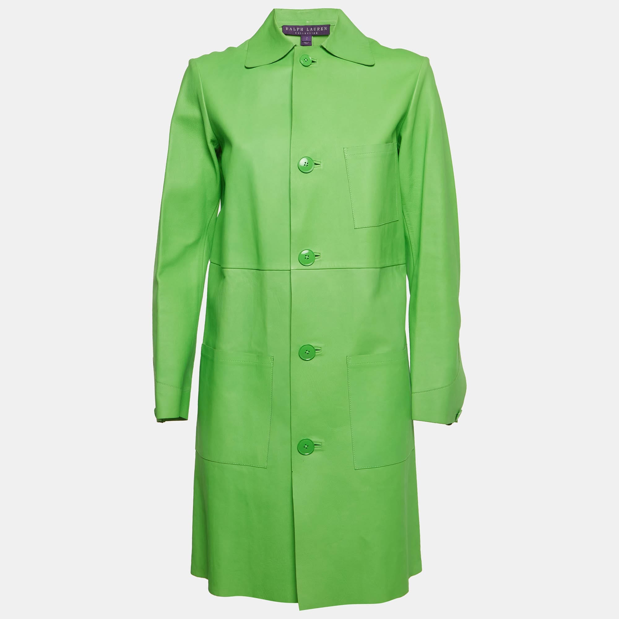 Ralph Lauren Neon Green Leather Mid - Length Coat