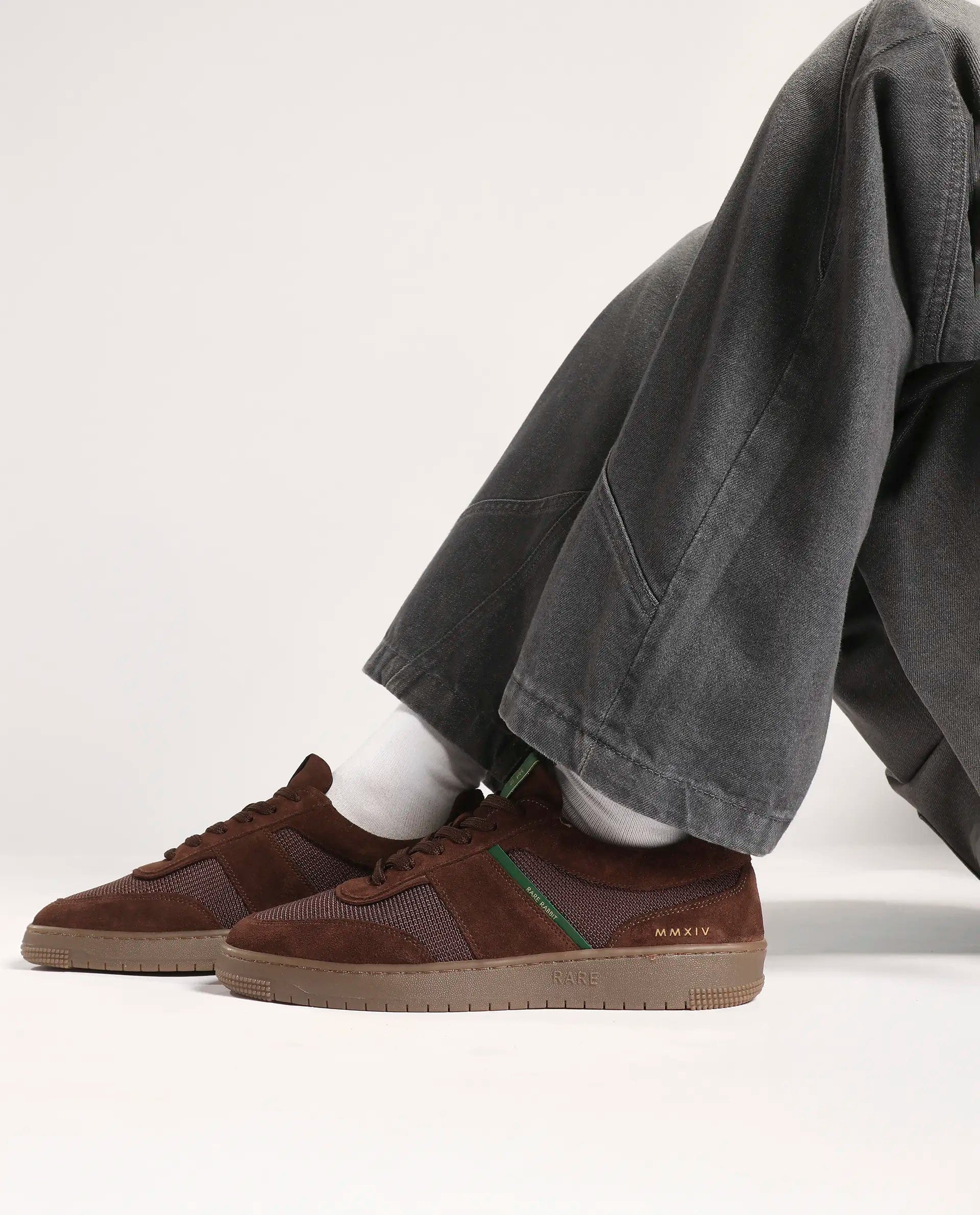 RAREZ Rare Rabbit Men's Rubio Dark Brown Premium Suede, Leather And Mesh Upper Round Toe Low - Top Lace - Up Sneaker Shoes