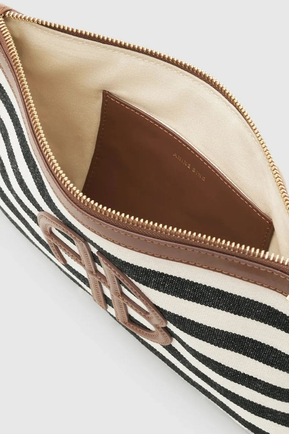 ANINE BING Lili Stripes Cotton Zip Pouch in Black and White