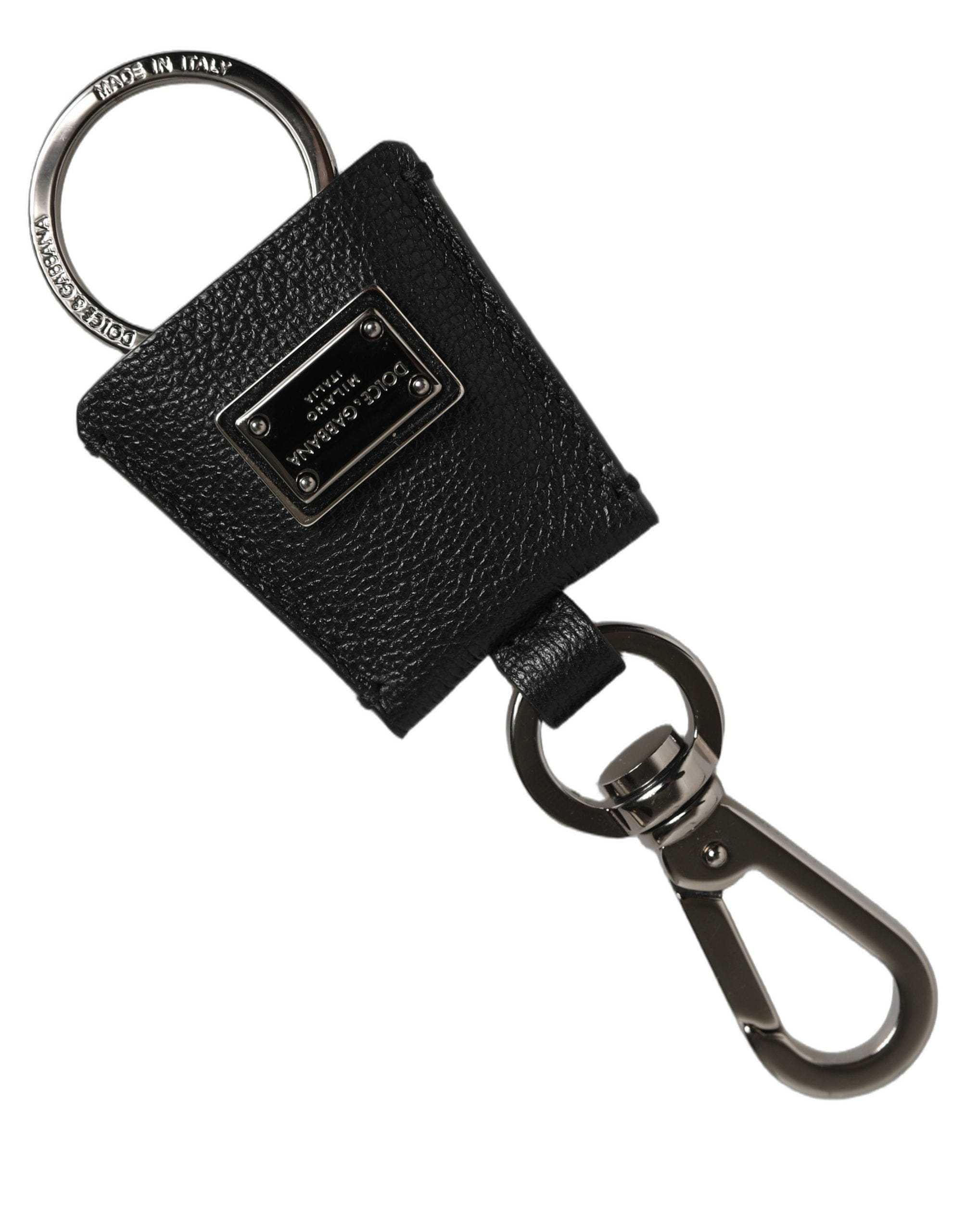 Dolce & Gabbana Black Dauphine Leather Silver Metal Logo Plaque Women's Keyring