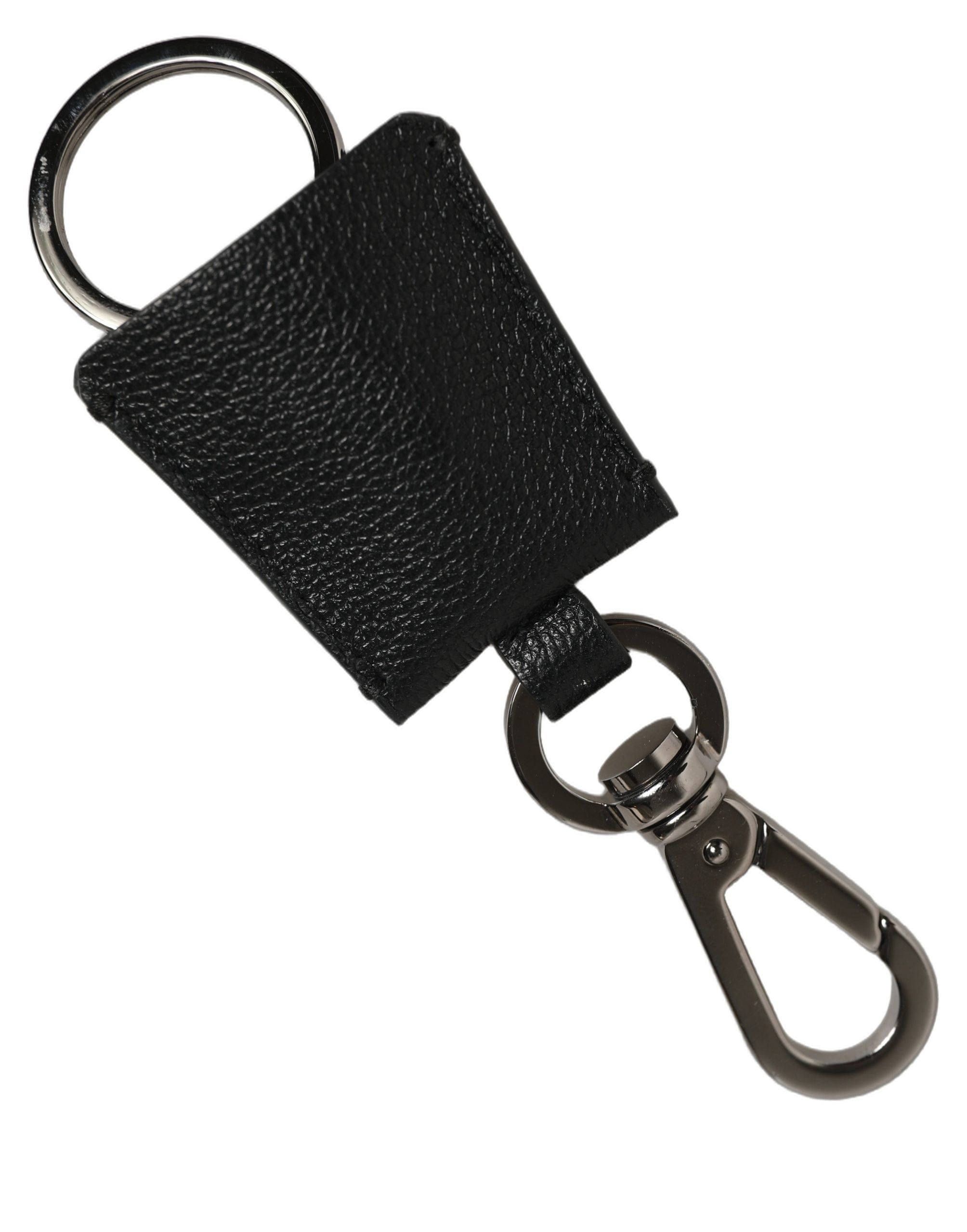 Dolce & Gabbana Black Dauphine Leather Silver Metal Logo Plaque Women's Keyring