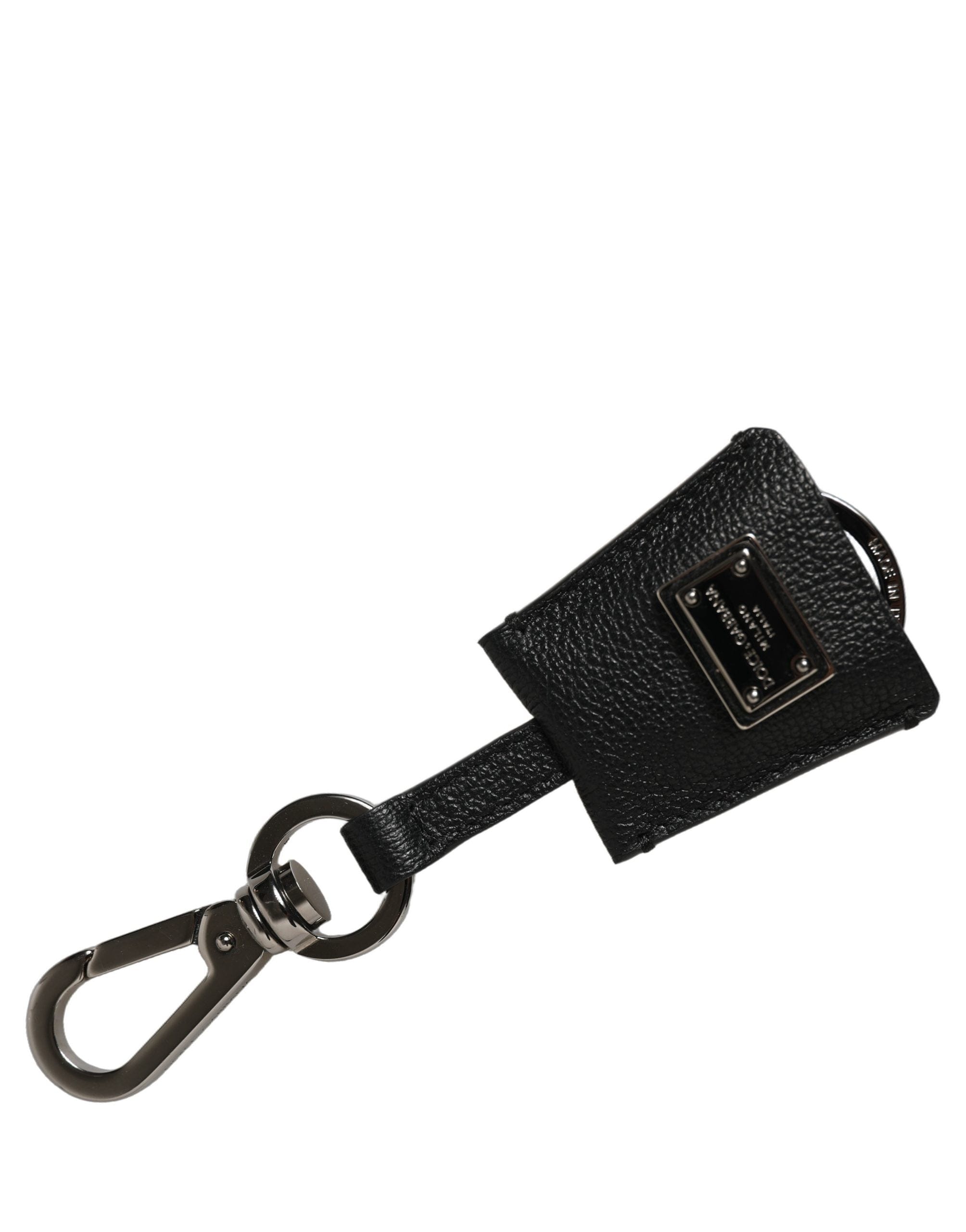 Dolce & Gabbana Black Dauphine Leather Silver Metal Logo Plaque Women's Keyring