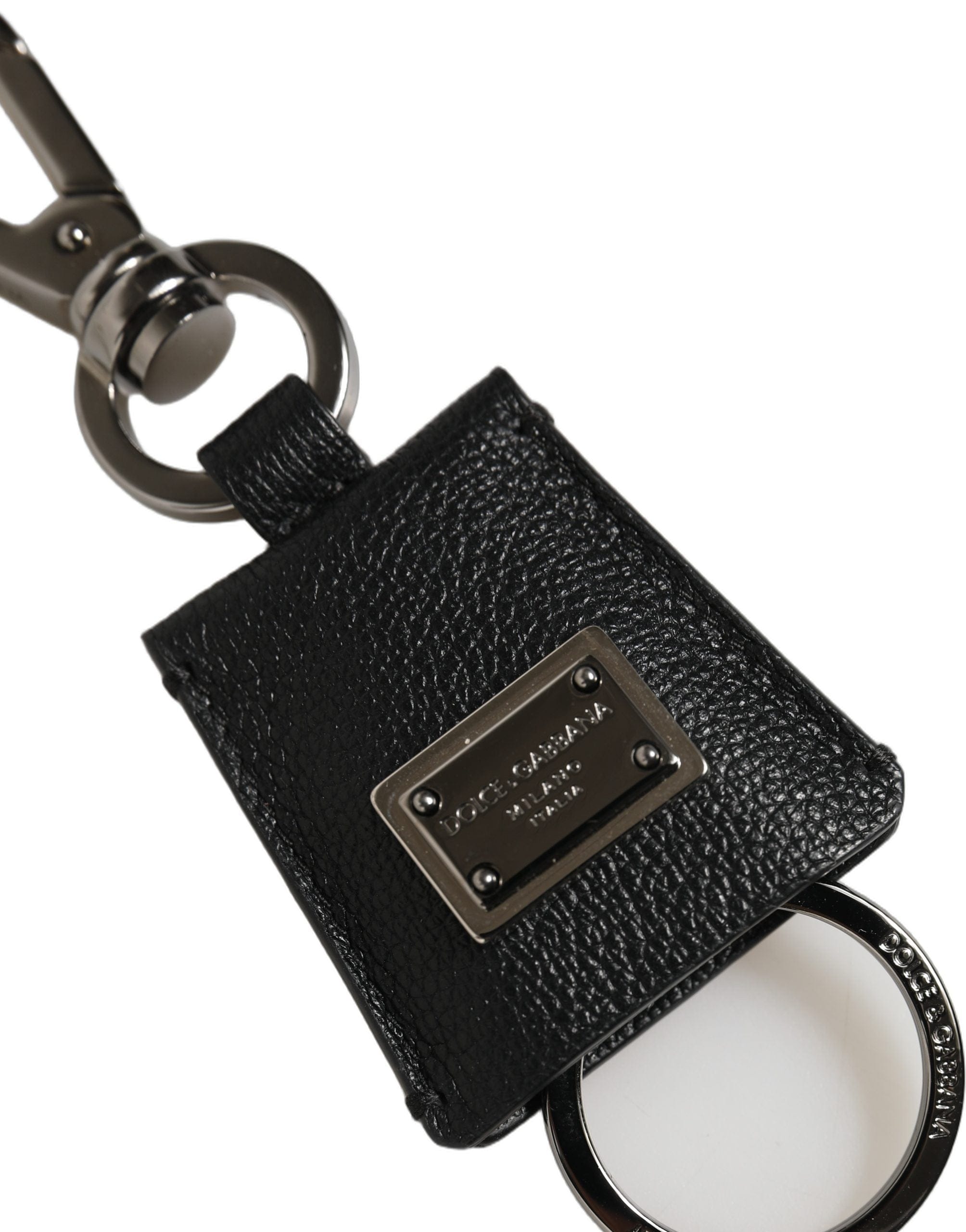 Dolce & Gabbana Black Dauphine Leather Silver Metal Logo Plaque Women's Keyring