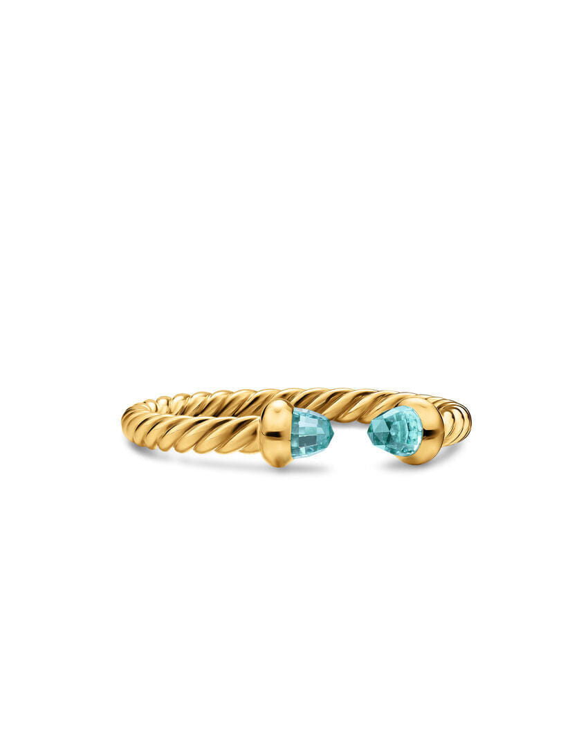 David Yurman Micro Cablespira Flex Open Ring in 18K Yellow Gold with Aquamarine, 2.5 mm, Size 6