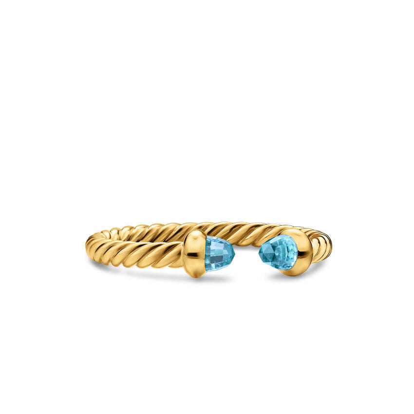 David Yurman Micro Cablespira Flex Open Ring in 18K Yellow Gold with Blue Topaz, 2.5 mm, Size 6