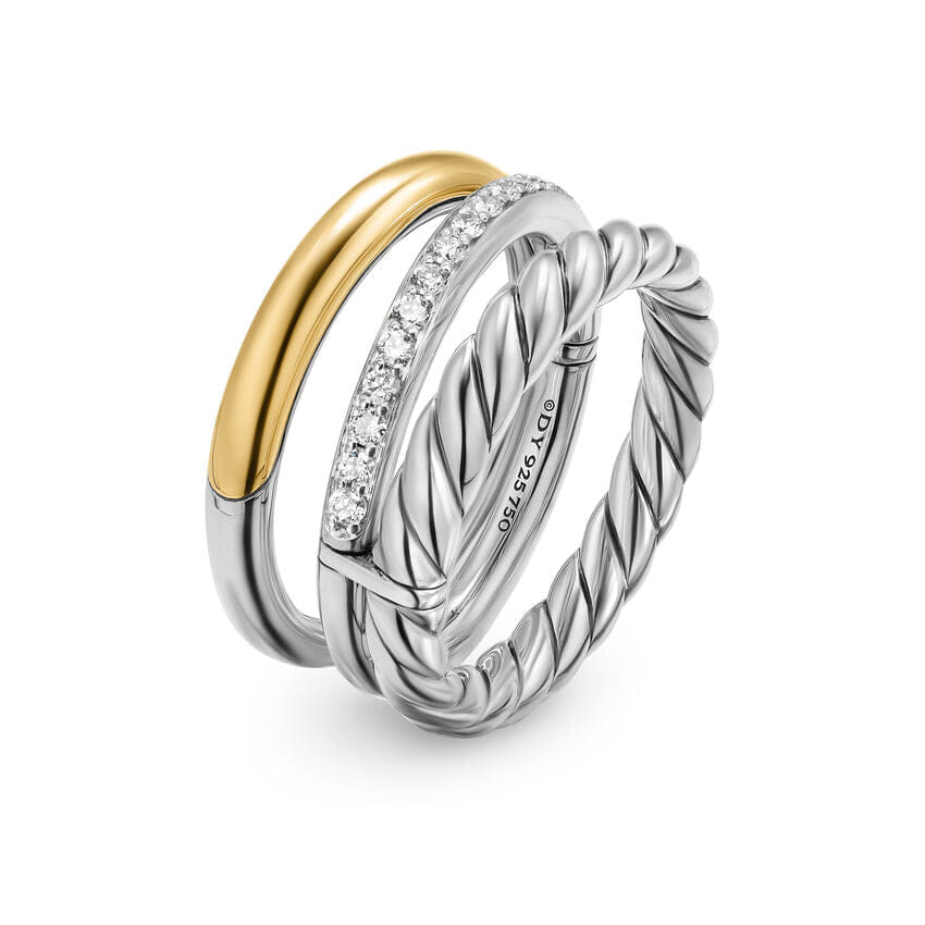 David Yurman DY Mercer Three Row Ring in Sterling Silver with 18K Yellow Gold and Diamonds, 8.9 mm, Size 8