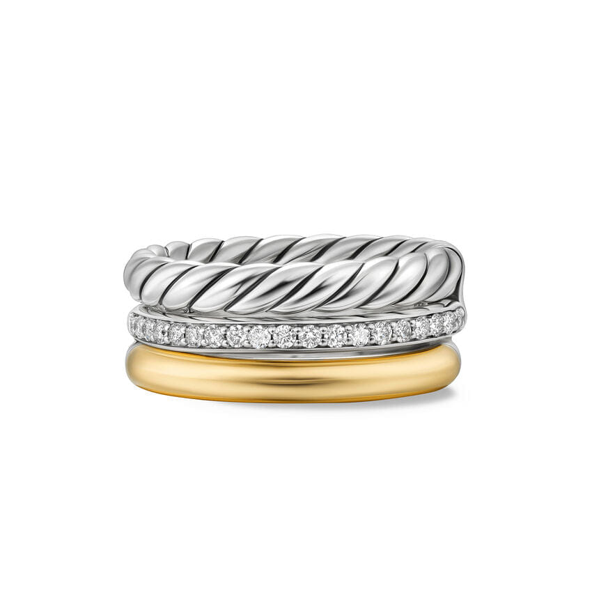 David Yurman DY Mercer Three Row Ring in Sterling Silver with 18K Yellow Gold and Diamonds, 8.9 mm, Size 7