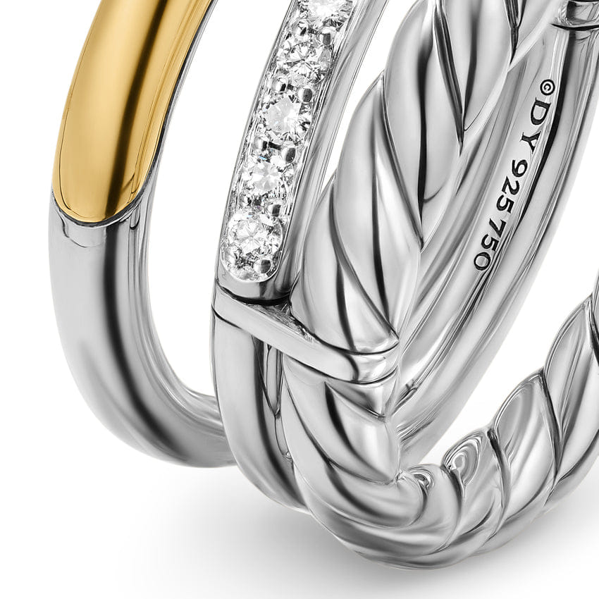 David Yurman DY Mercer Three Row Ring in Sterling Silver with 18K Yellow Gold and Diamonds, 8.9 mm, Size 7