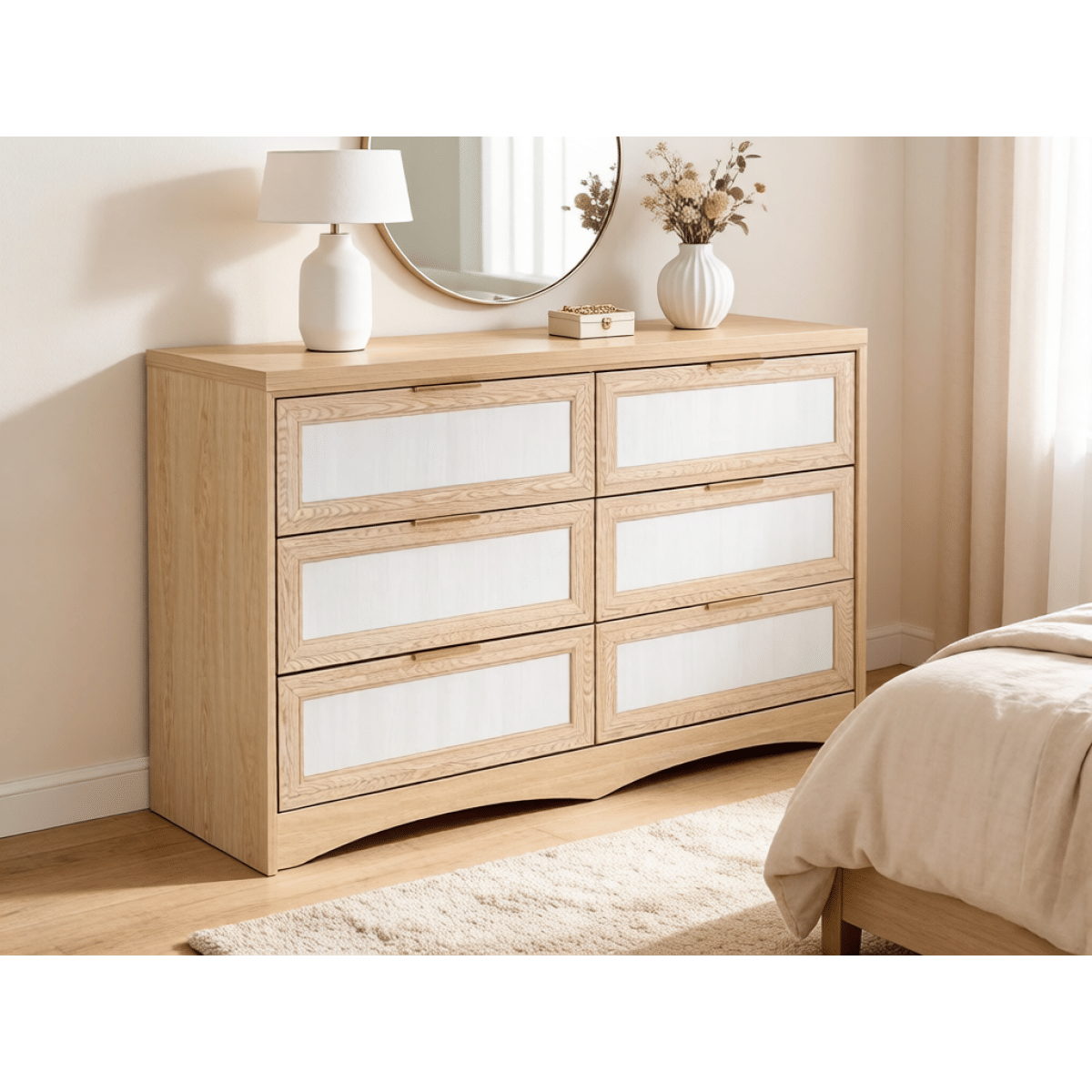 Off-White Streamdale Transitional 6 - Drawer Light Oak & Off - White Farmhouse Dresser