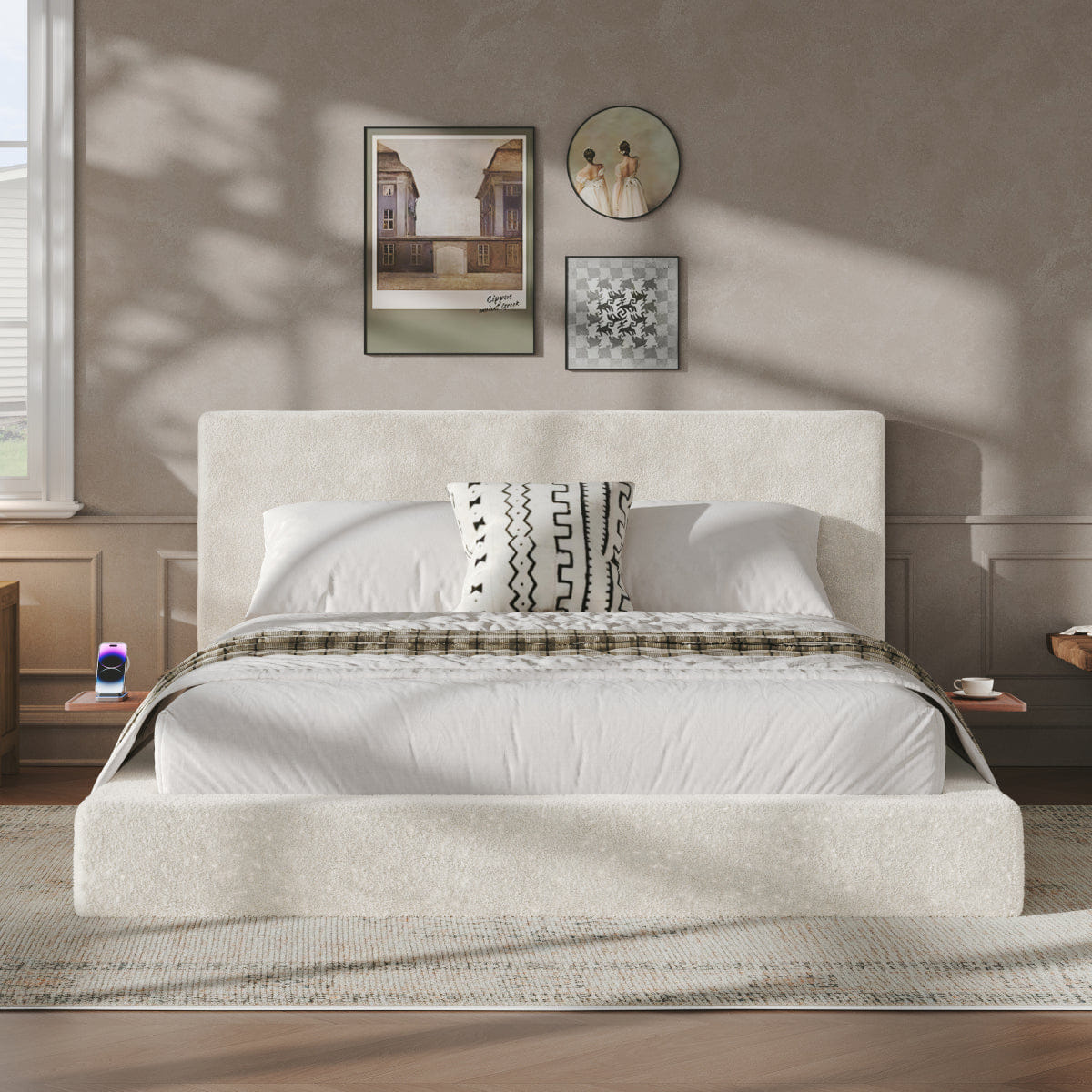 Off-White Streamdale AirFrame Queen Bed with Sliding Side Table & Off - White Upholstered Cushion