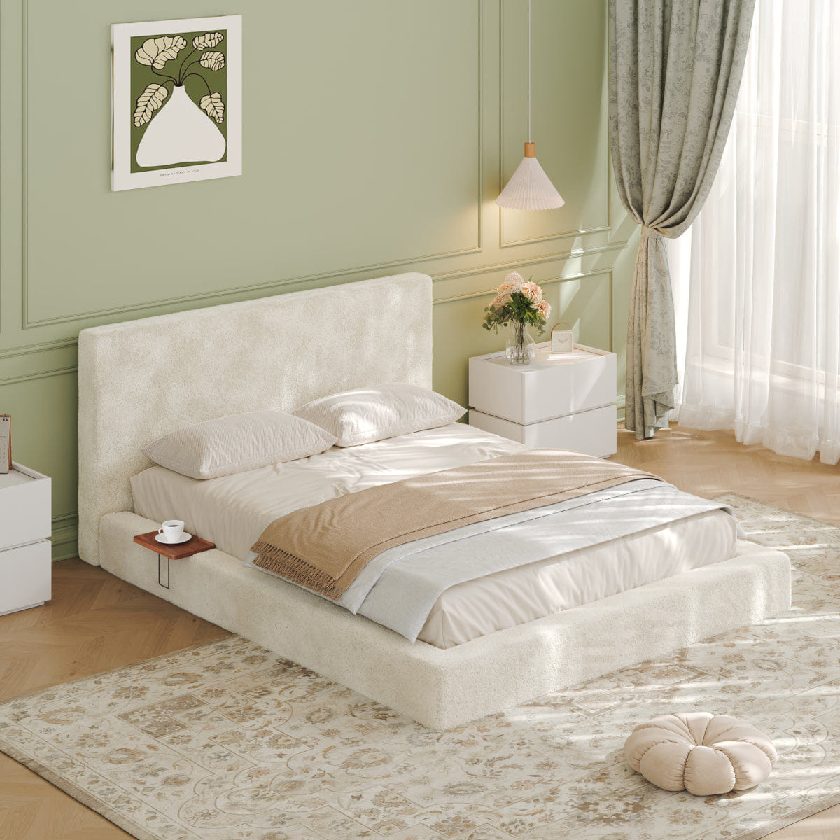 Off-White Streamdale AirFrame Queen Bed with Sliding Side Table & Off - White Upholstered Cushion