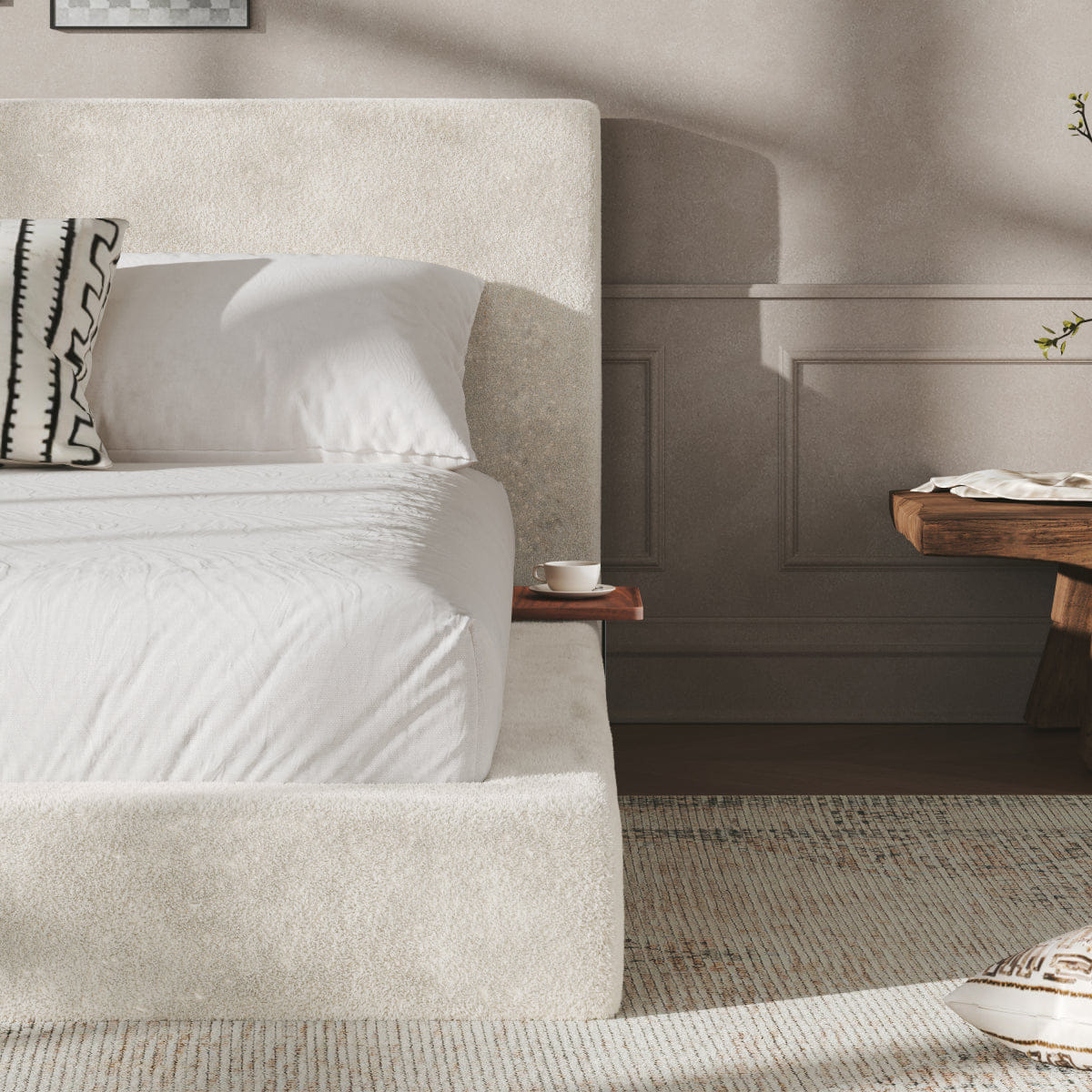 Off-White Streamdale AirFrame Queen Bed with Sliding Side Table & Off - White Upholstered Cushion