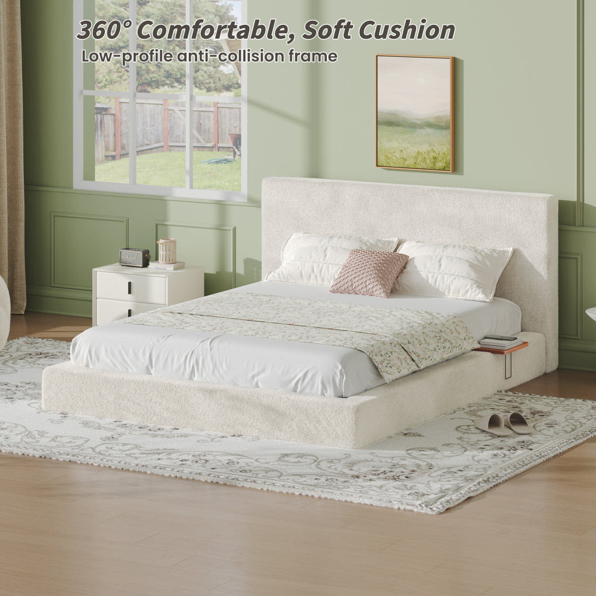 Off-White Streamdale AirFrame Queen Bed with Sliding Side Table & Off - White Upholstered Cushion