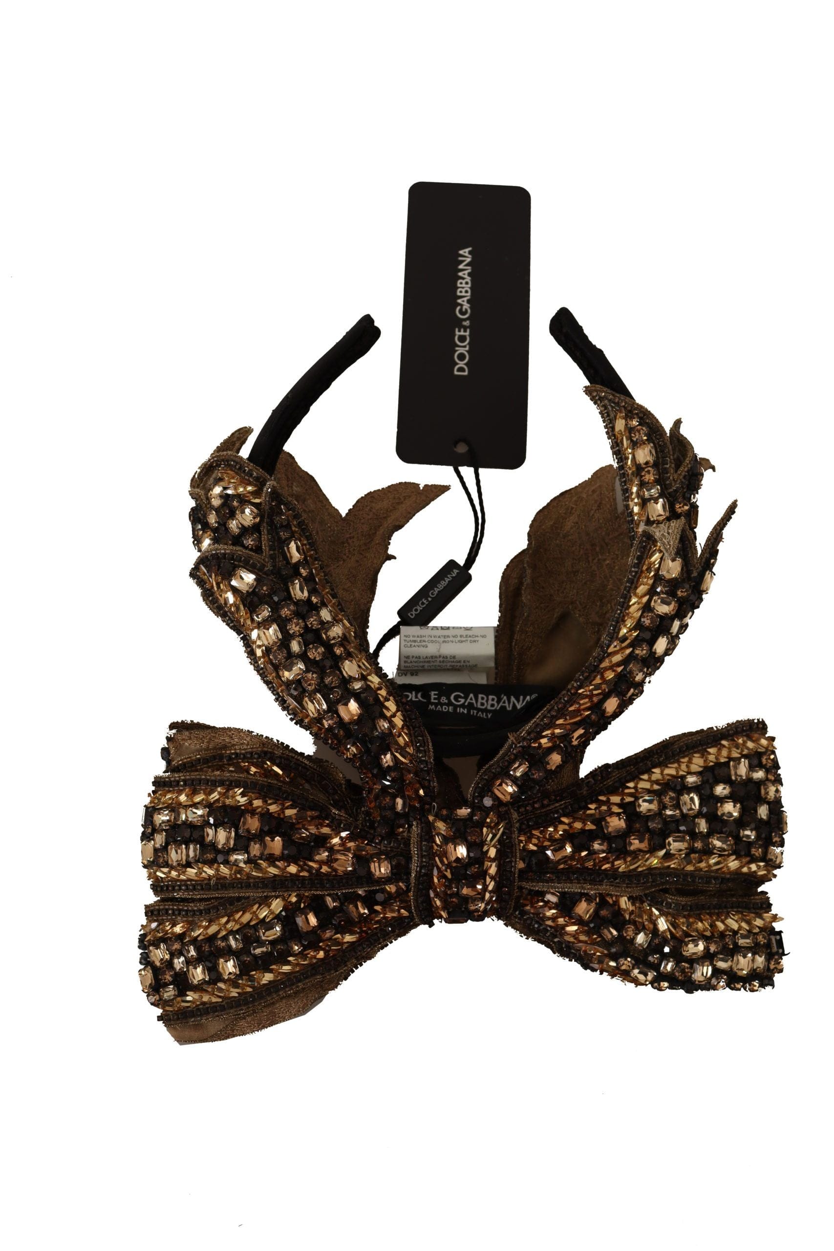 Dolce & Gabbana Gold Crystal Beaded Sequined Silk Bow Headband Women's Diadem