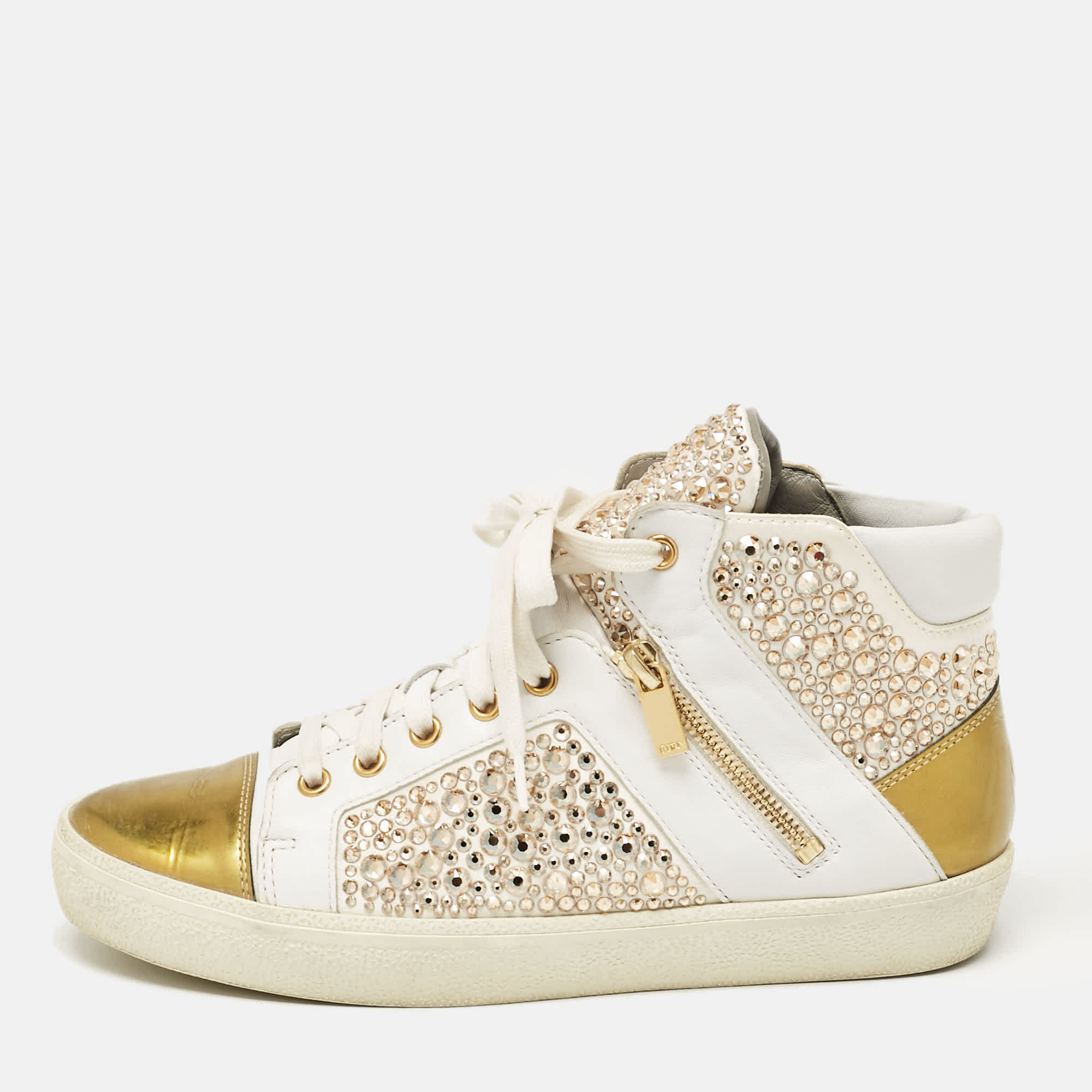 WHITE* Gina White/gold Leather Crystal Embellished High Top Sneakers