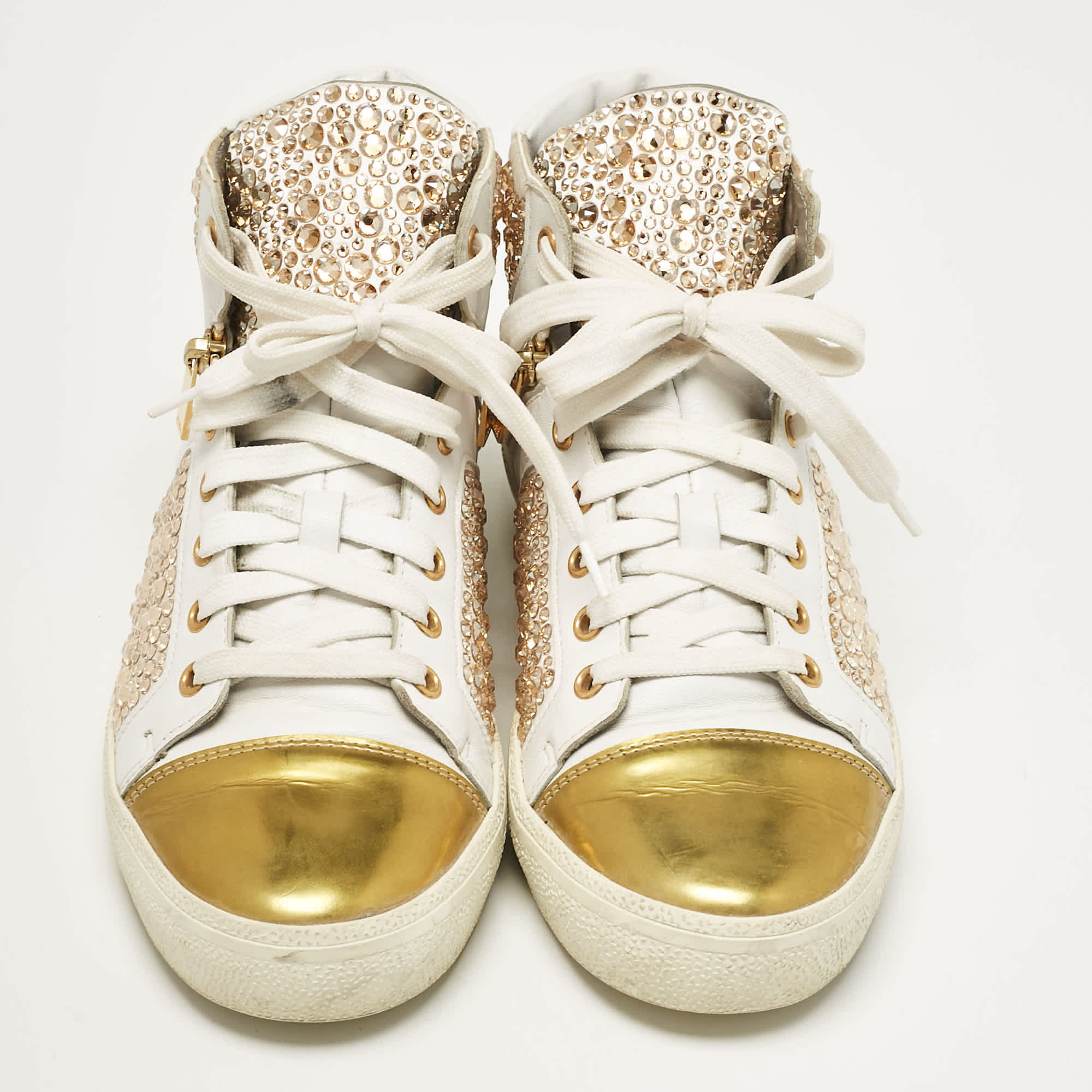 WHITE* Gina White/gold Leather Crystal Embellished High Top Sneakers