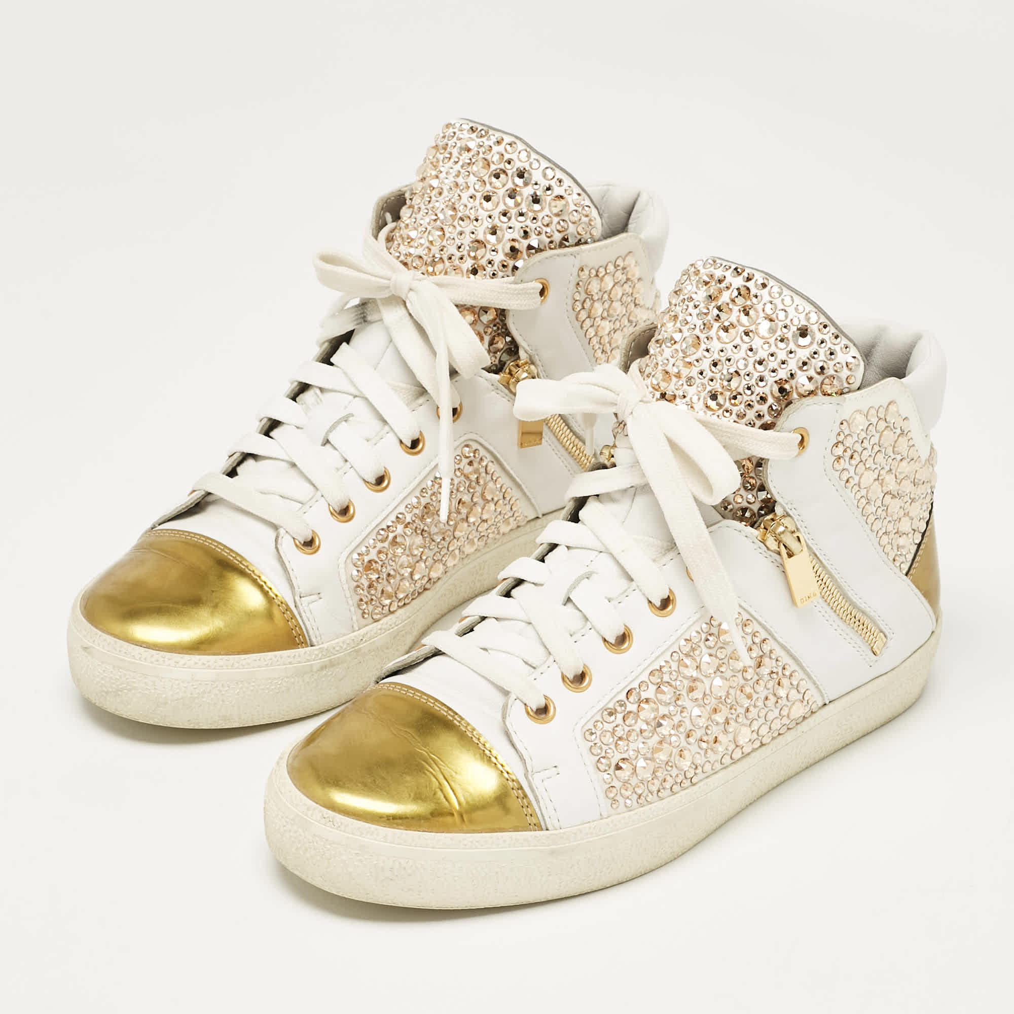 WHITE* Gina White/gold Leather Crystal Embellished High Top Sneakers