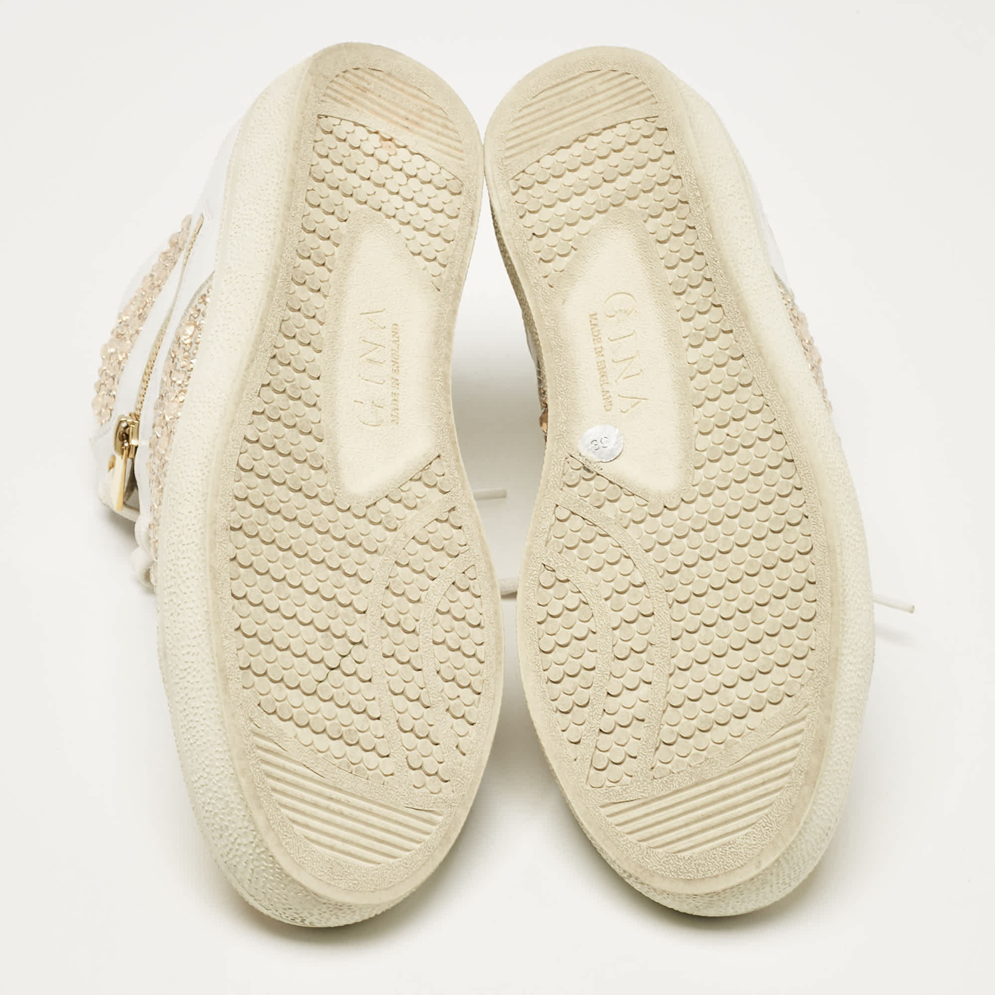 WHITE* Gina White/gold Leather Crystal Embellished High Top Sneakers