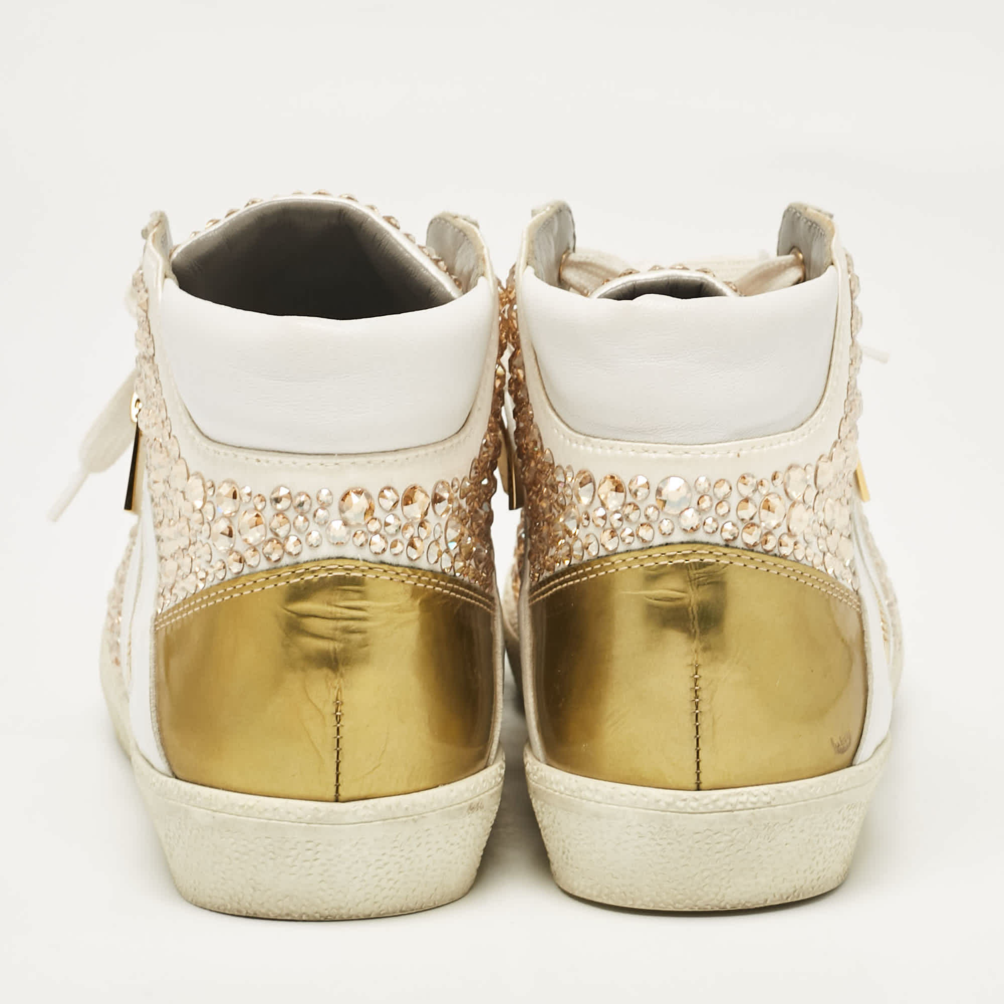 WHITE* Gina White/gold Leather Crystal Embellished High Top Sneakers