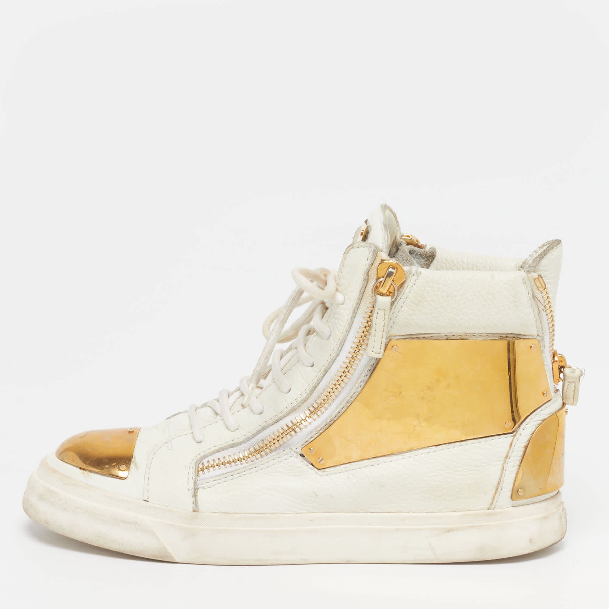 WHITE* Size 38.5 White Leather Metal Embellished Double Zip High Top Sneakers
