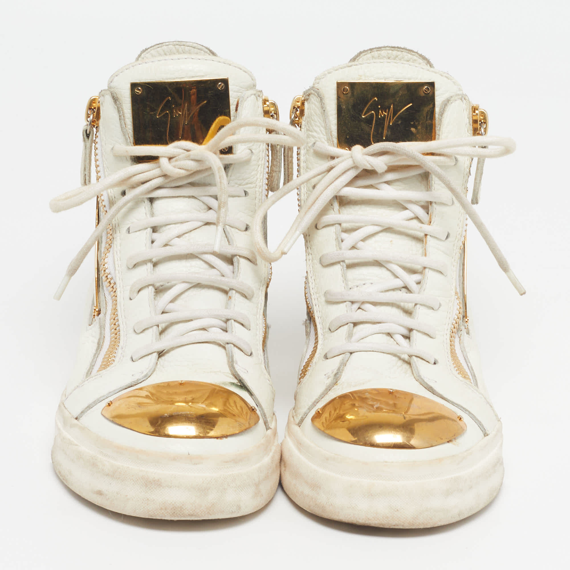 WHITE* Size 38.5 White Leather Metal Embellished Double Zip High Top Sneakers