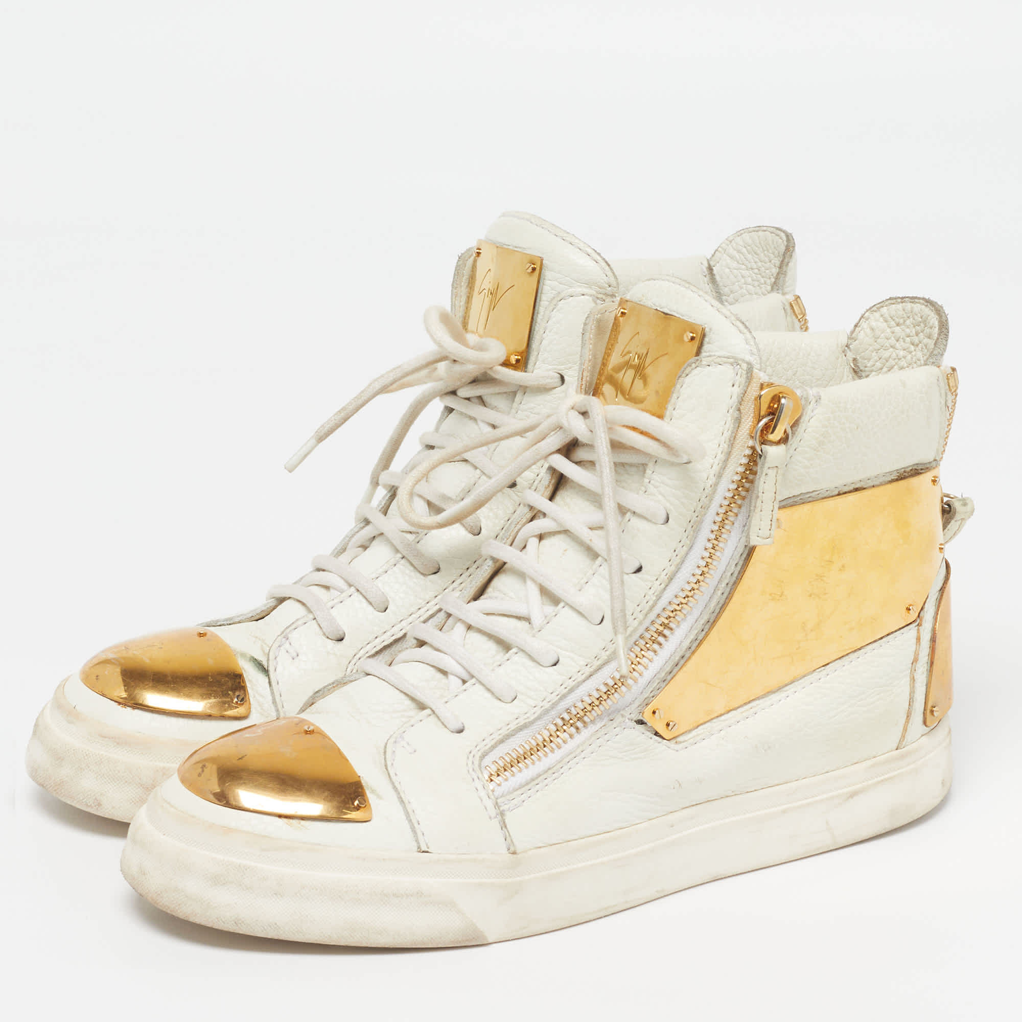 WHITE* Size 38.5 White Leather Metal Embellished Double Zip High Top Sneakers