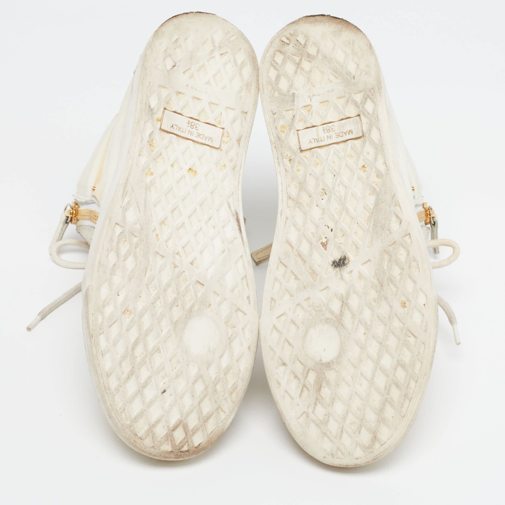 WHITE* Size 38.5 White Leather Metal Embellished Double Zip High Top Sneakers