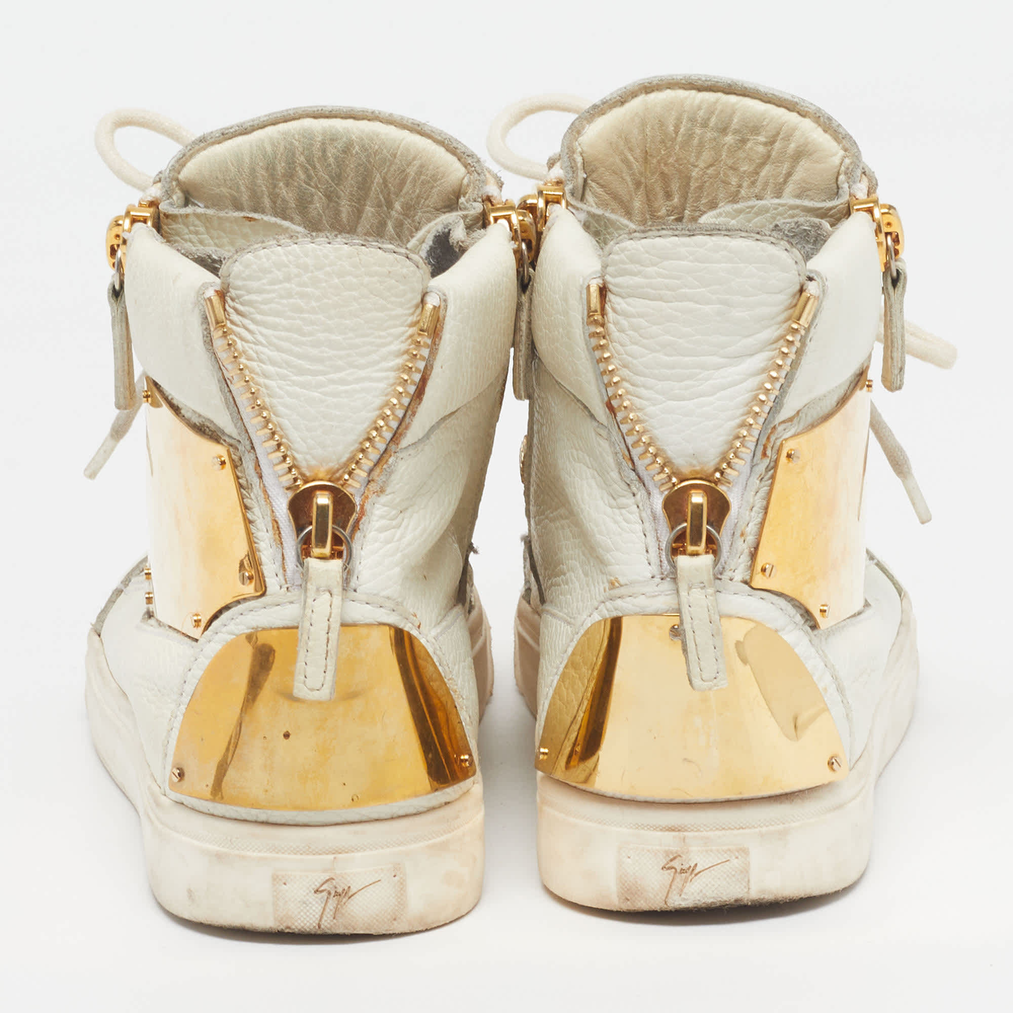 WHITE* Size 38.5 White Leather Metal Embellished Double Zip High Top Sneakers