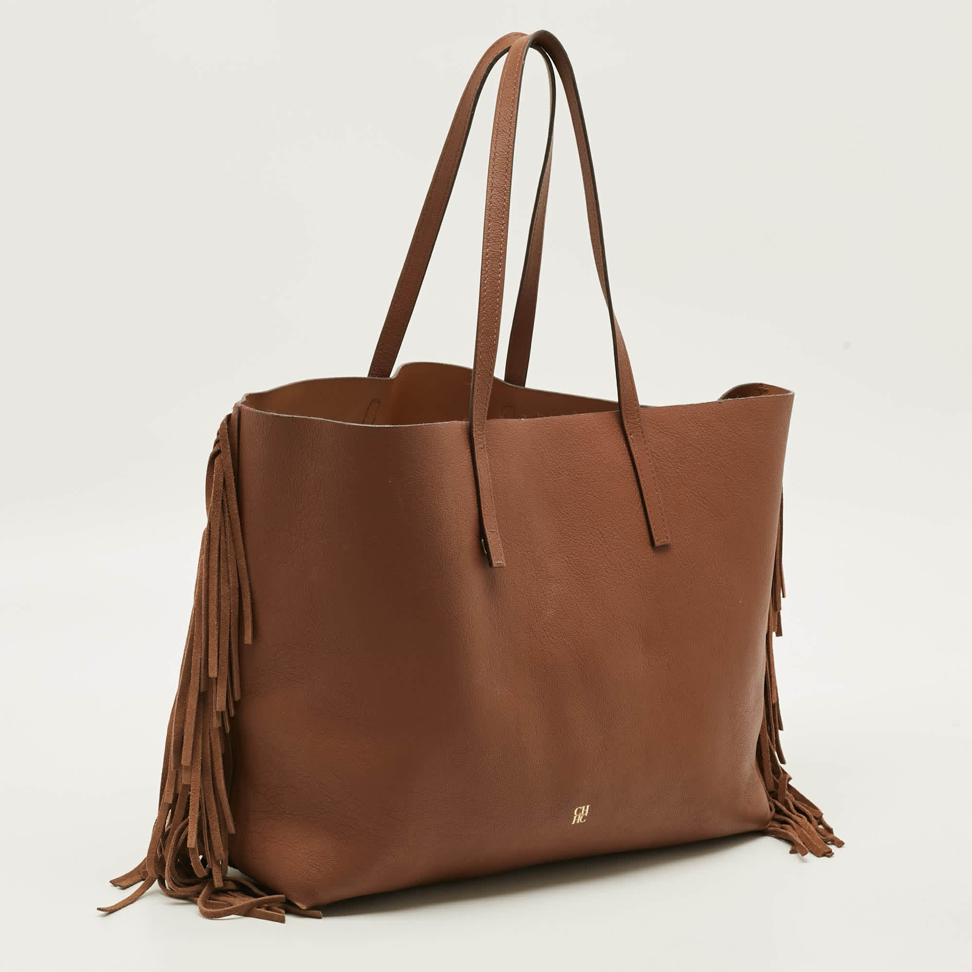 Ch Carolina Herrera Fringe Brown Leather Shopper Tote