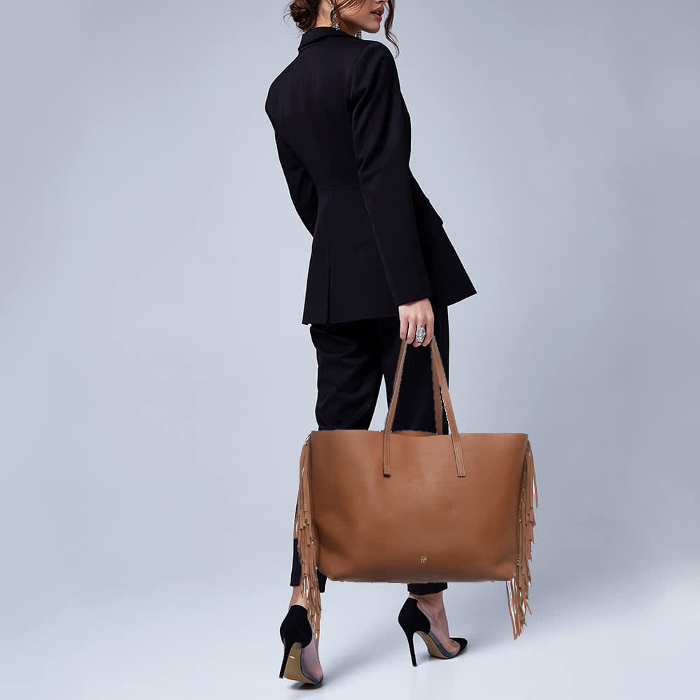 Ch Carolina Herrera Fringe Brown Leather Shopper Tote