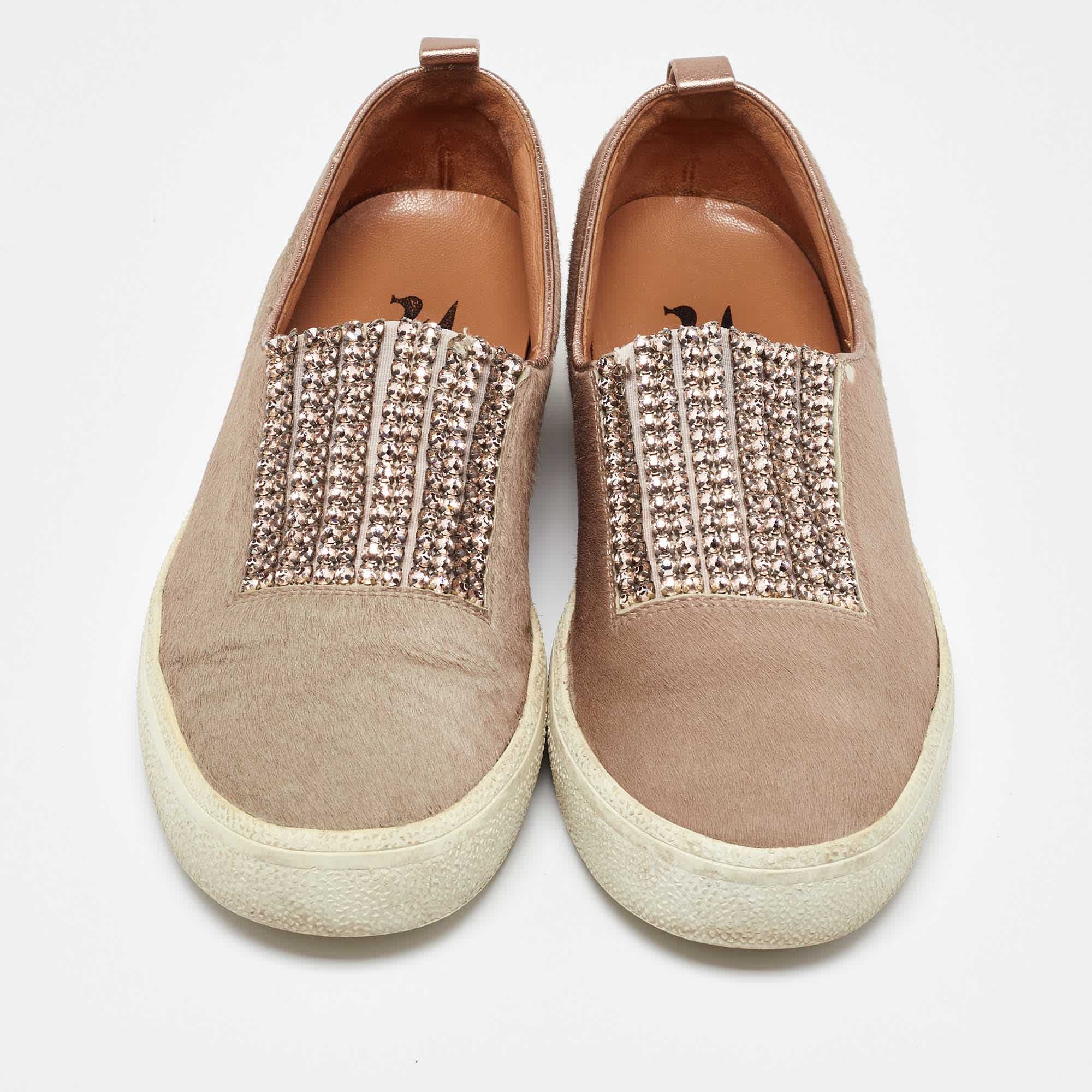 Gina Beige/metallic Calf Hair And Leather Crystal Embellished Slip On Sneakers