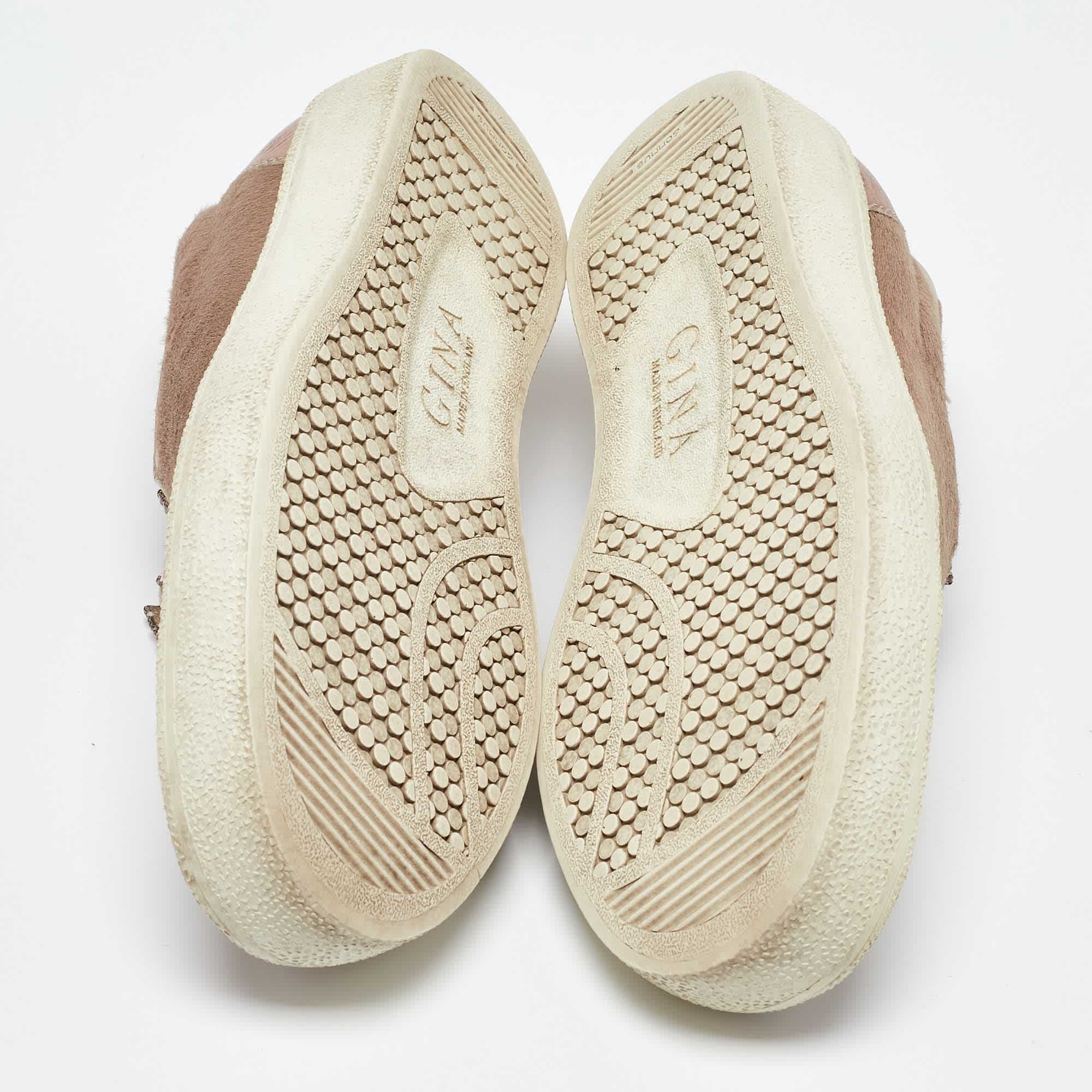 Gina Beige/metallic Calf Hair And Leather Crystal Embellished Slip On Sneakers