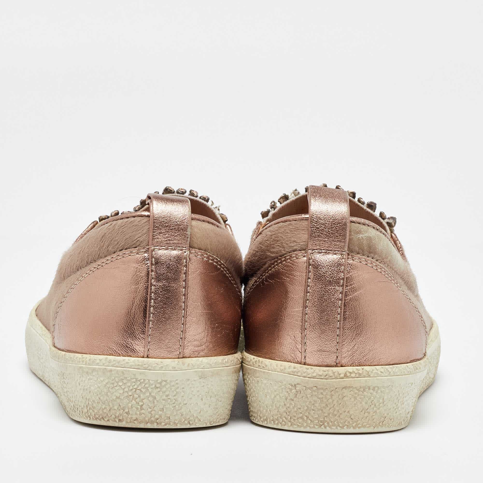Gina Beige/metallic Calf Hair And Leather Crystal Embellished Slip On Sneakers