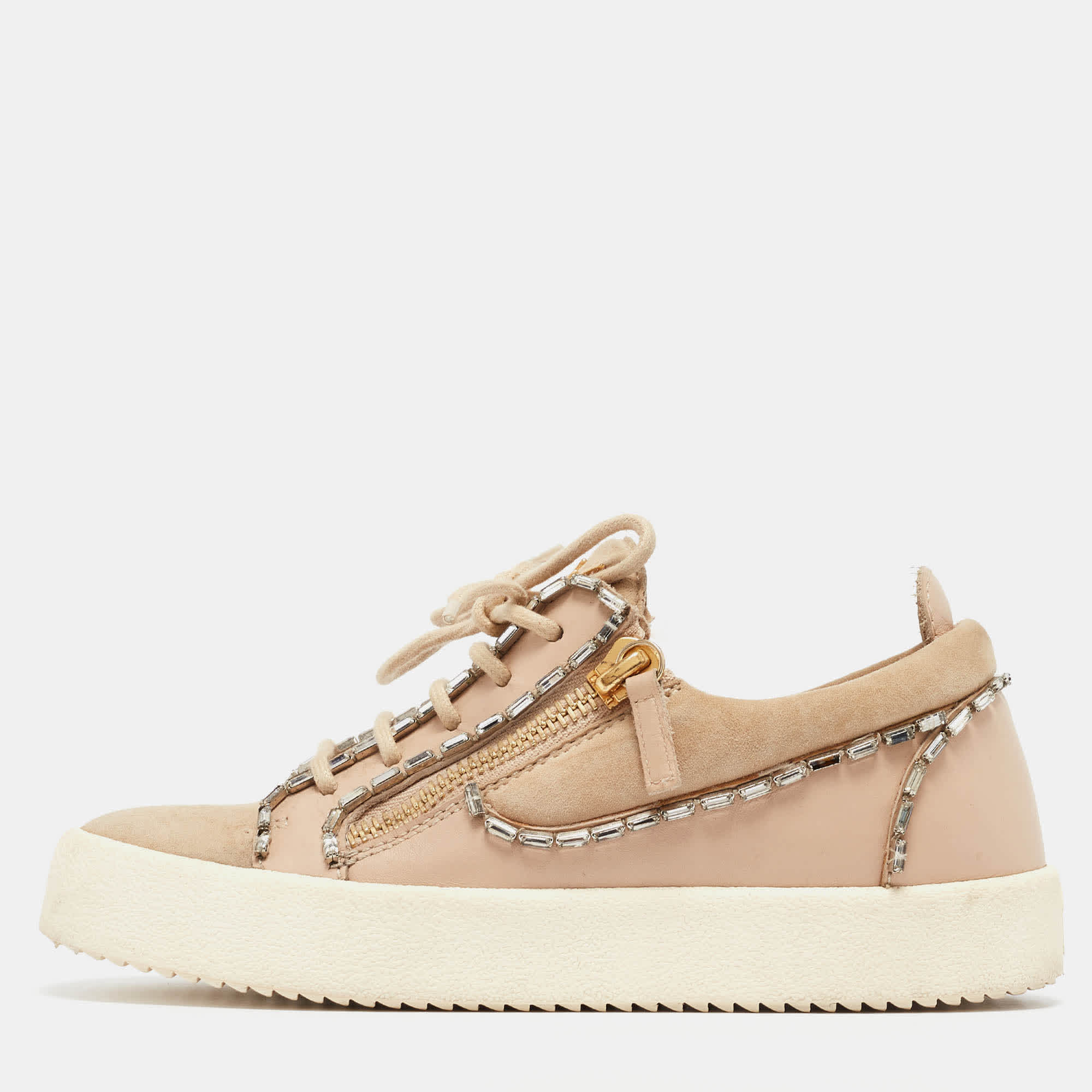 And Gisueppe Zanotti Beige Nubuck And Leather Double Zip Low Top Sneakers