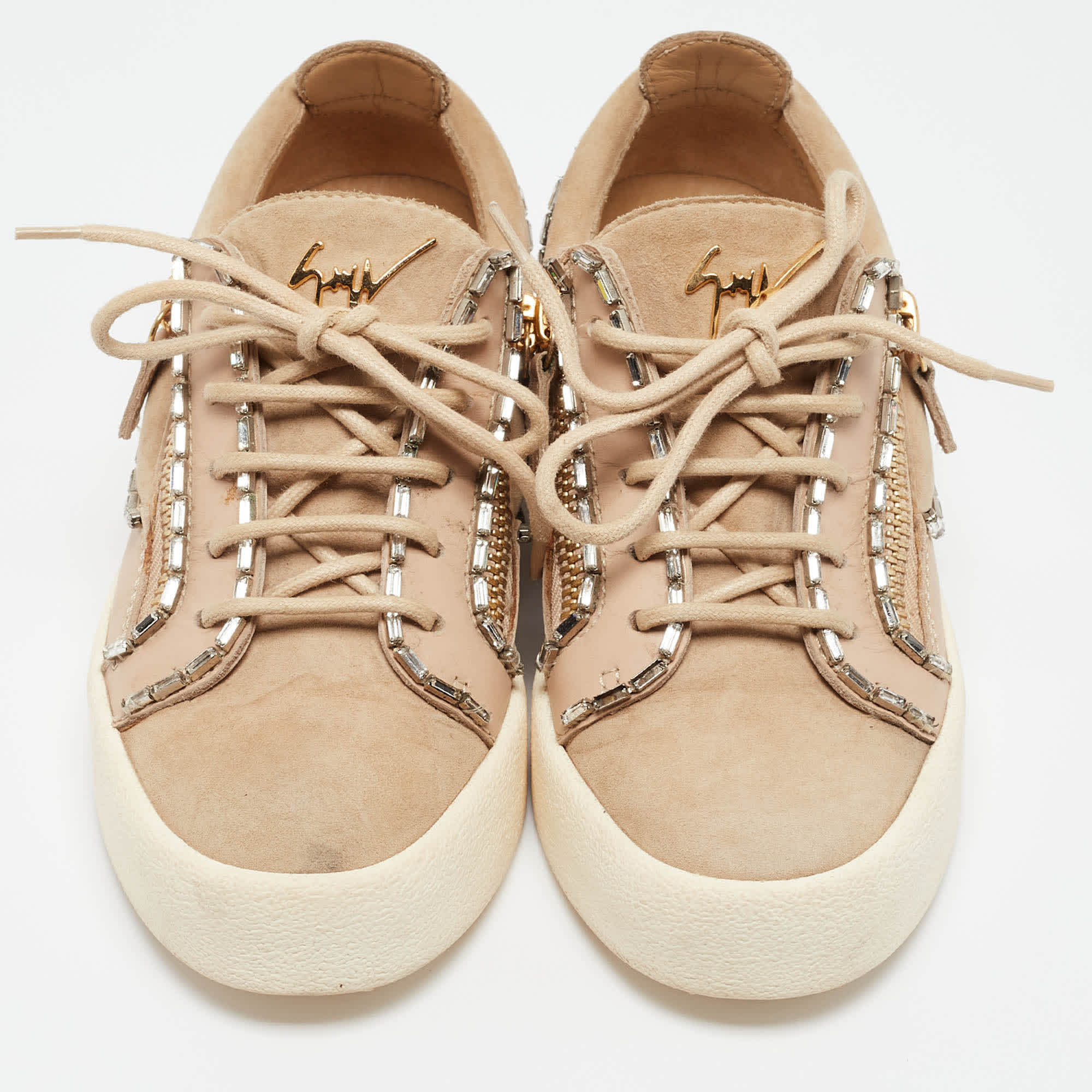 And Gisueppe Zanotti Beige Nubuck And Leather Double Zip Low Top Sneakers