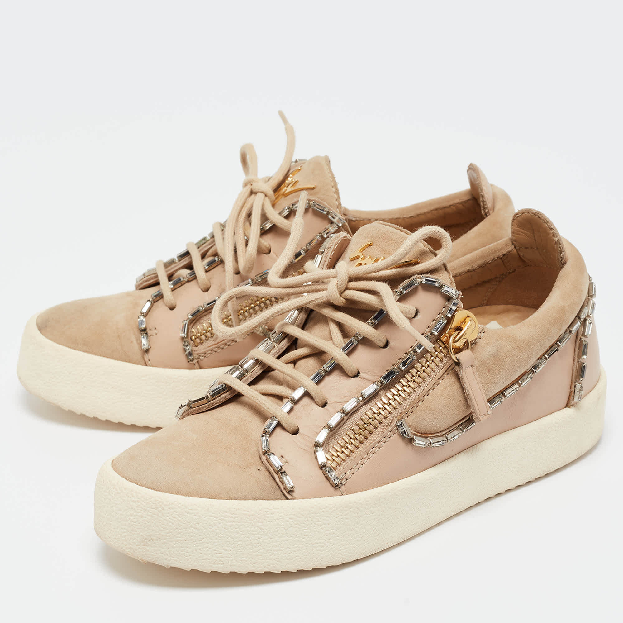 And Gisueppe Zanotti Beige Nubuck And Leather Double Zip Low Top Sneakers