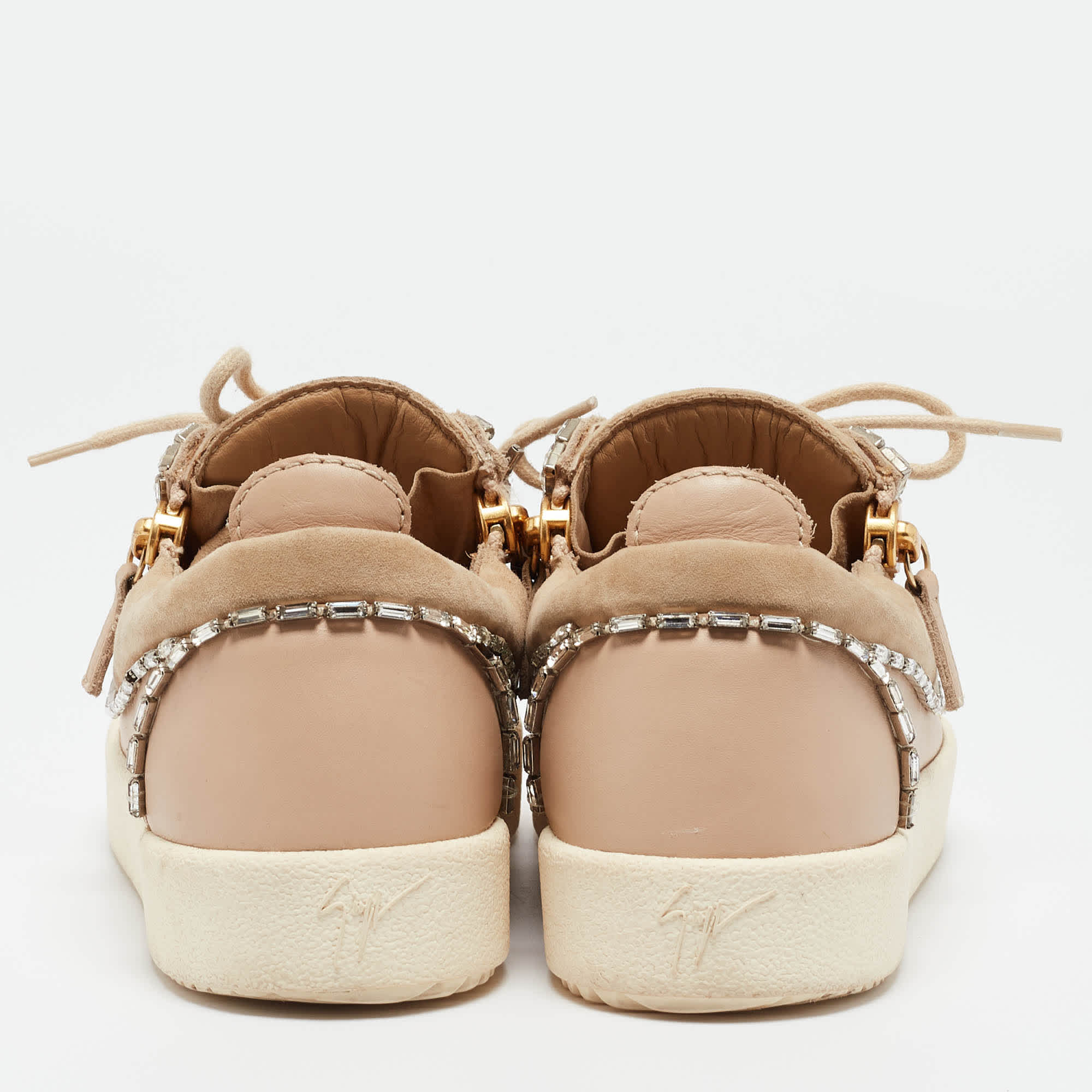 And Gisueppe Zanotti Beige Nubuck And Leather Double Zip Low Top Sneakers