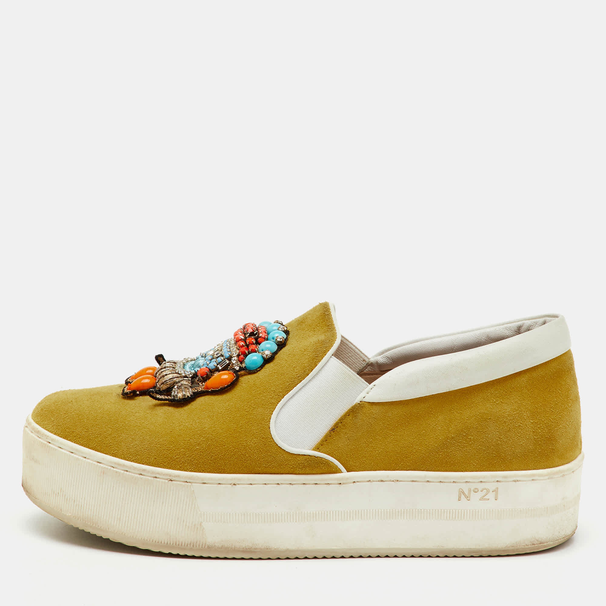 Yellow N°21 Yellow Suede Embellished Platform Slip On Sneakers