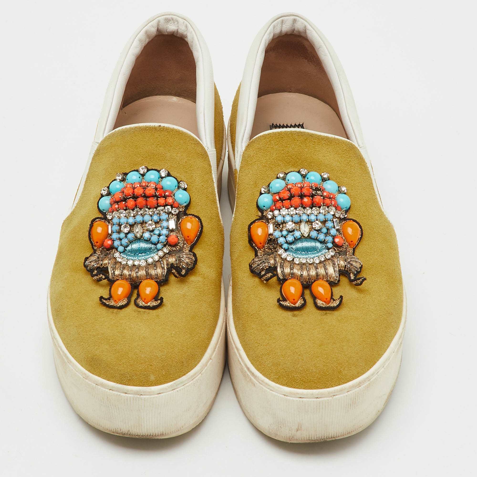 Yellow N°21 Yellow Suede Embellished Platform Slip On Sneakers