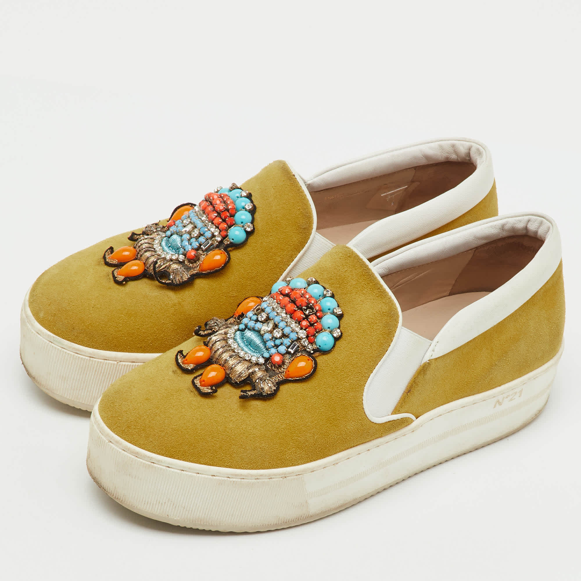 Yellow N°21 Yellow Suede Embellished Platform Slip On Sneakers