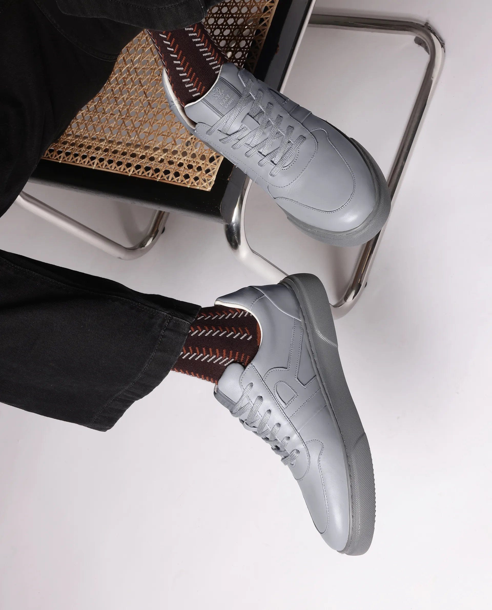 RAREZ Rare Rabbit Men's Cygnus Grey Genuine Leather Monotone Low - Top Lace - Up Branded Sneaker Shoes
