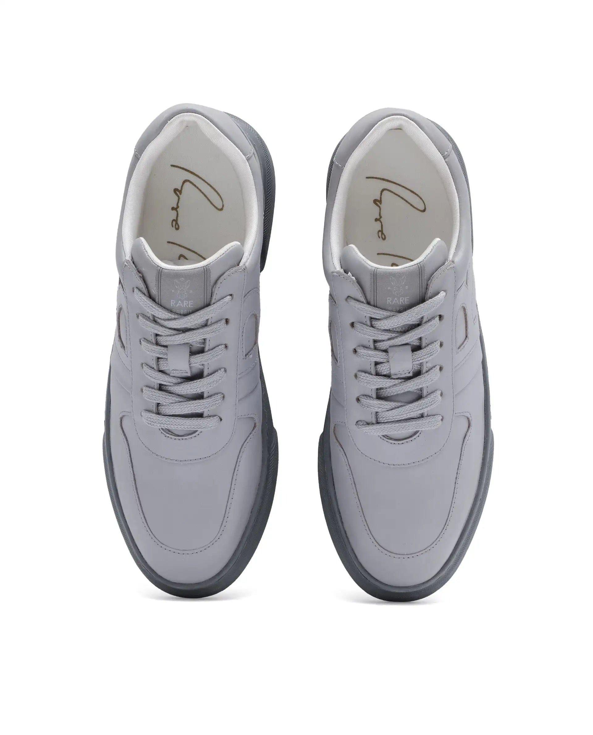 RAREZ Rare Rabbit Men's Cygnus Grey Genuine Leather Monotone Low - Top Lace - Up Branded Sneaker Shoes