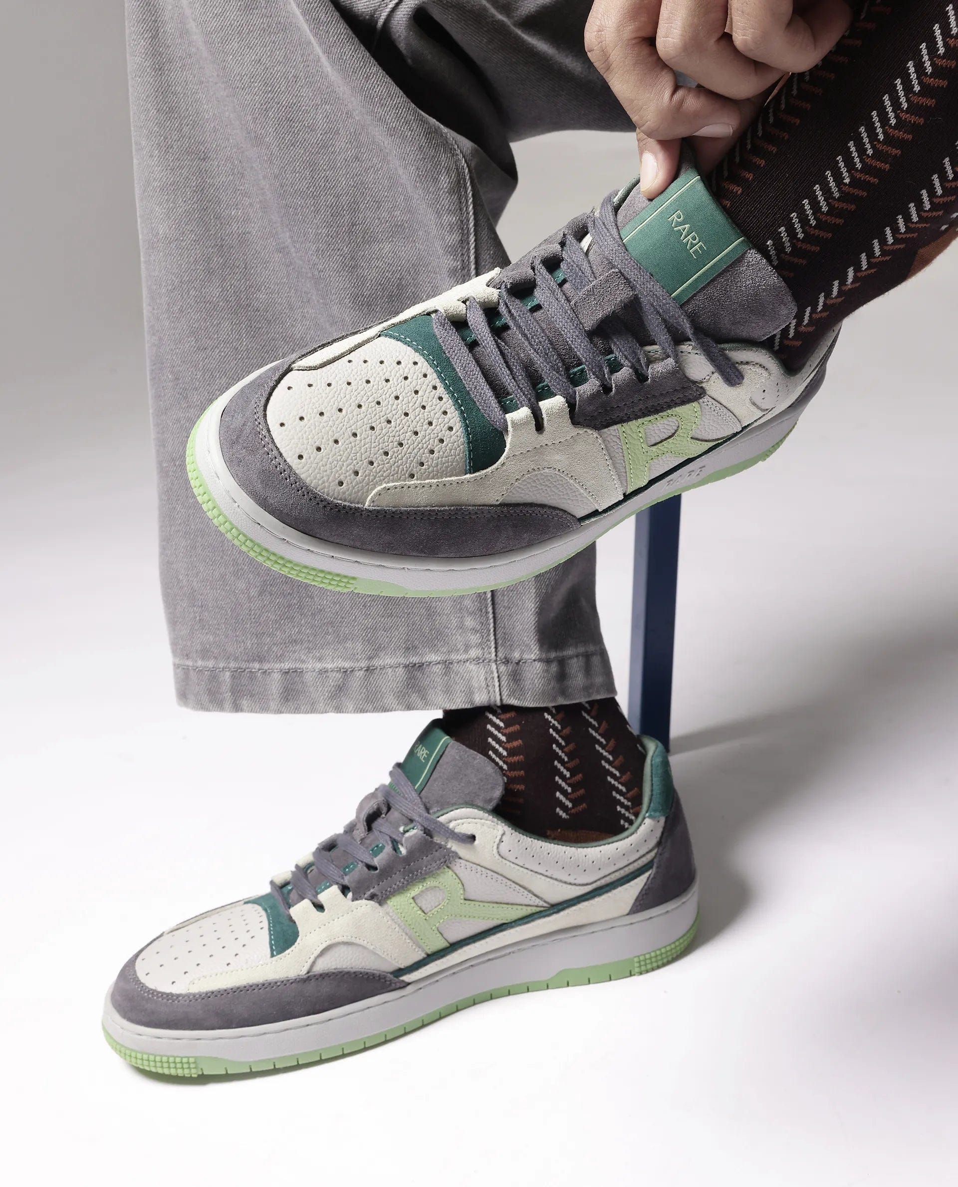 RAREZ Rare Rabbit Men's Volga Light Green Genuine Leather Fabric Multitoned Low - Top Lace Up Sneaker Shoes