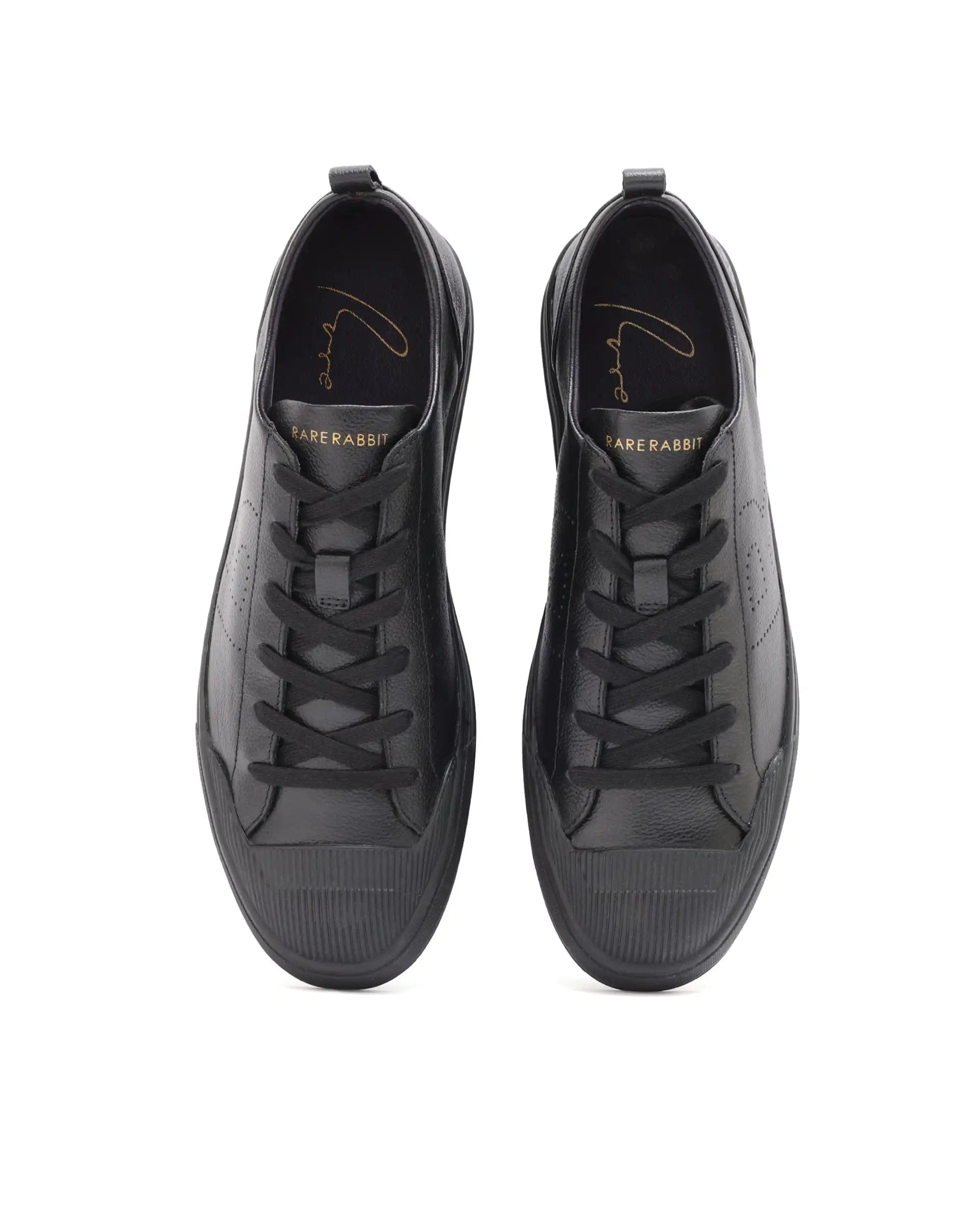 RAREZ Rare Rabbit Mens Sauron Pro Black Premium Milled Leather Lace Up Low Top Round Toe Sneaker Shoes