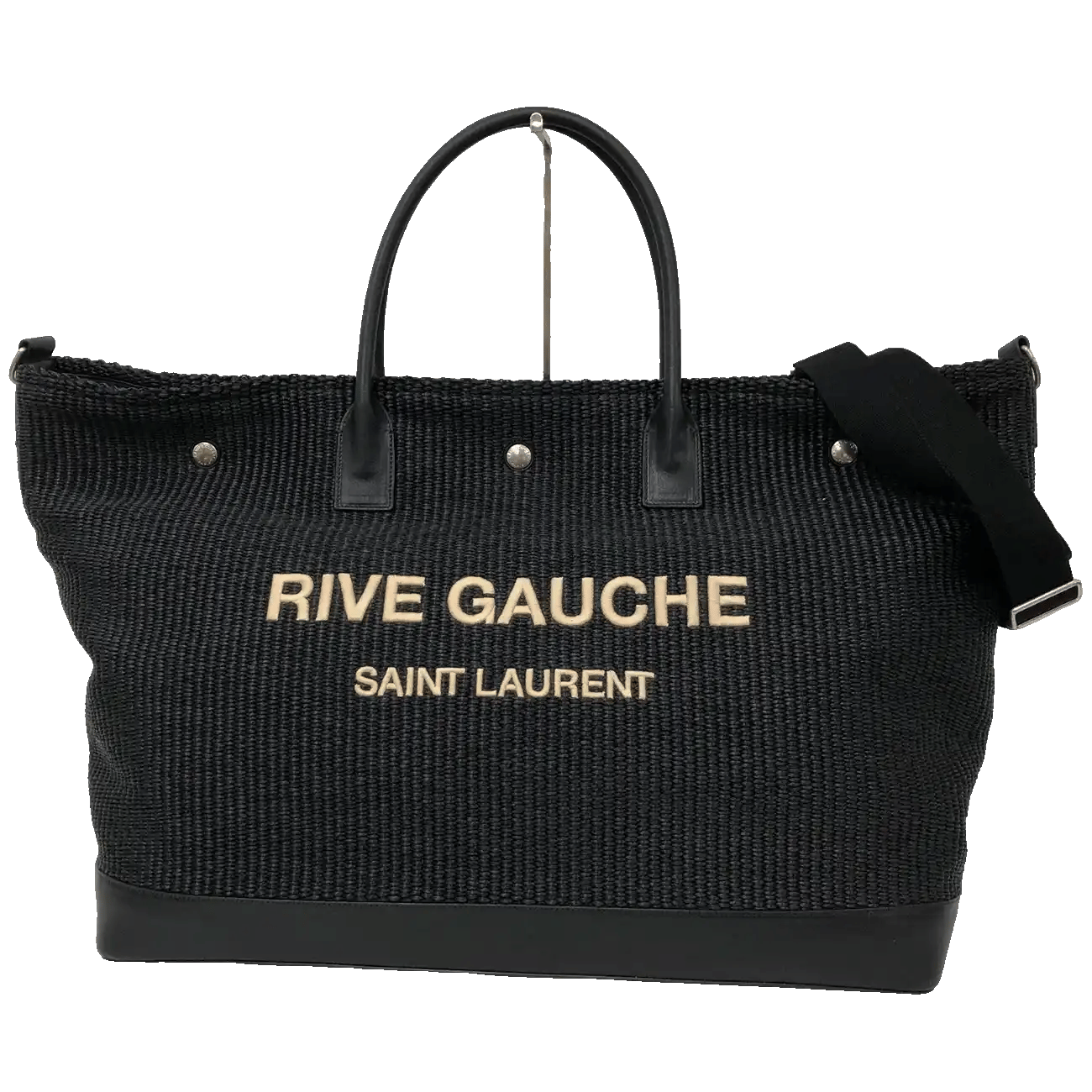 True To Sole Saint Laurent Rive Gauche 718554 Raffia Maxi Cabas Tote 2Way Black