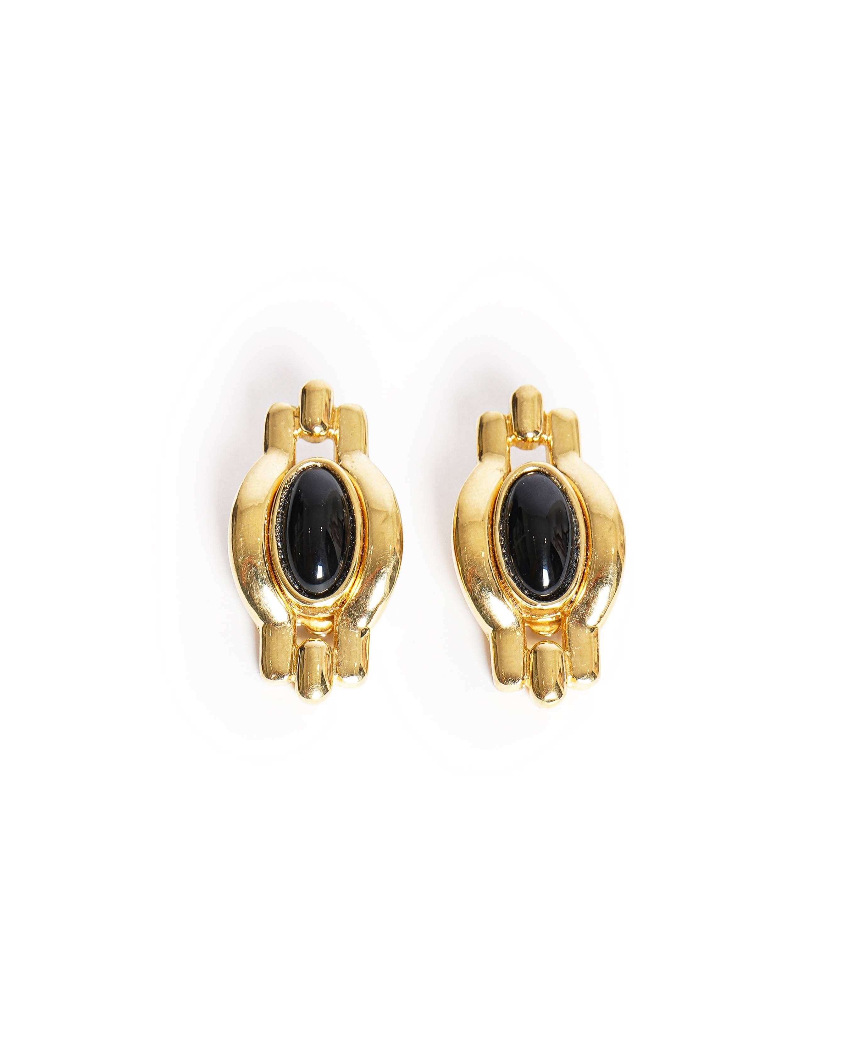 Balmain Vintage Balmain Gold - Plated Black Gemstone Geometric Clip - On Earrings