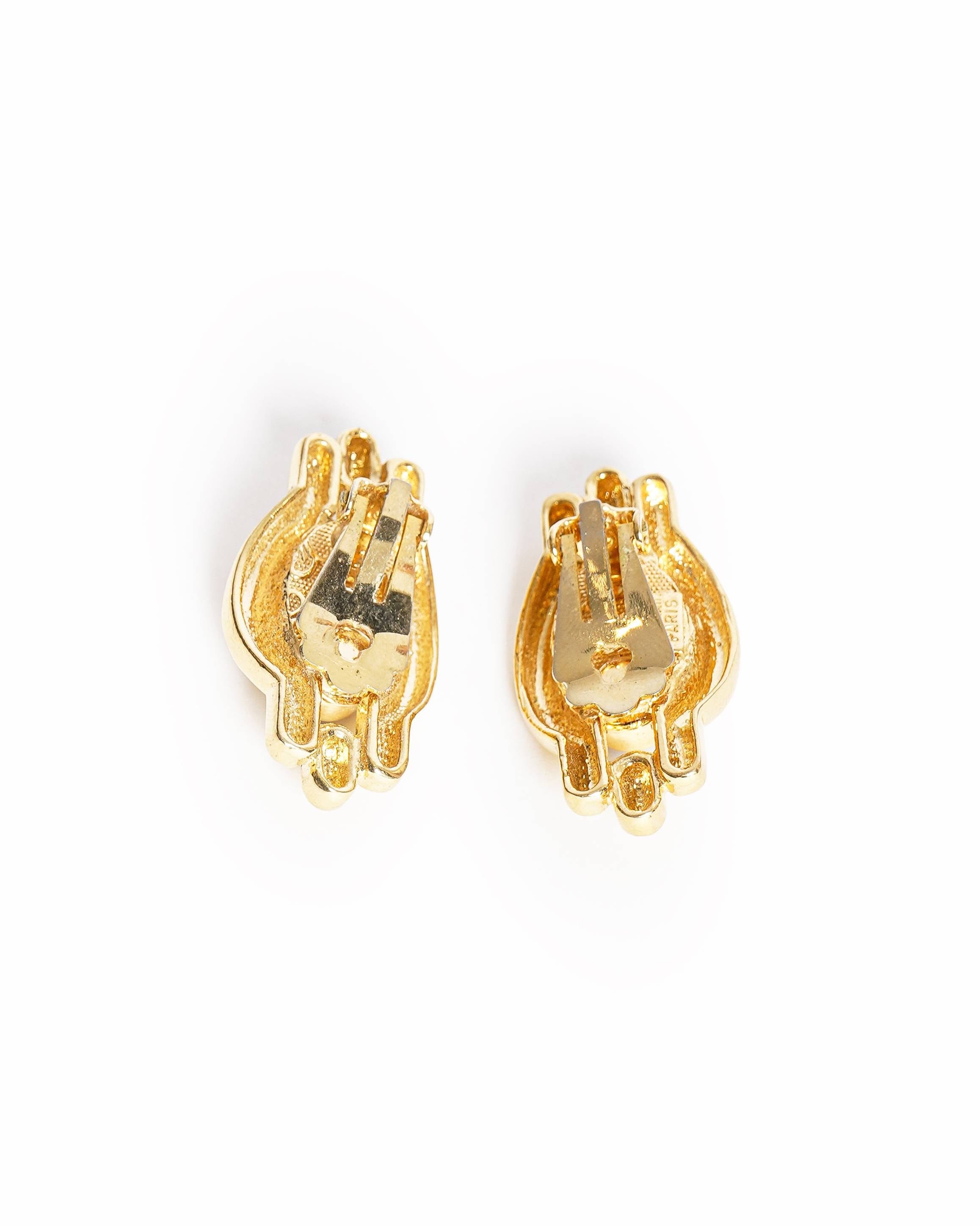 Balmain Vintage Balmain Gold - Plated Black Gemstone Geometric Clip - On Earrings