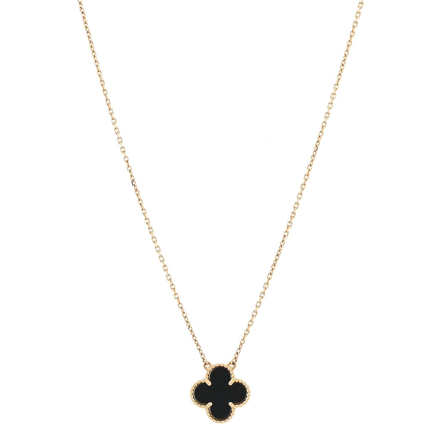Van Cleef & Arpels 18K Yellow Gold Black Onyx Vintage Alhambra Pendant Necklace