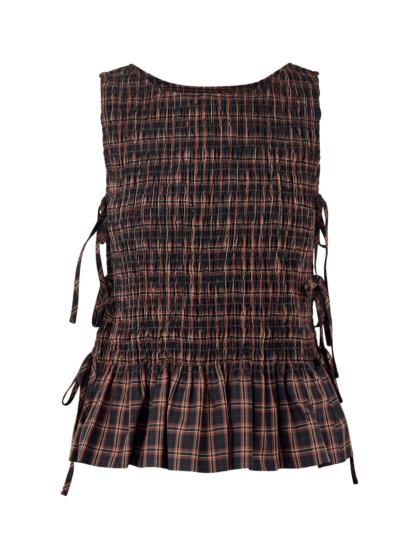 Ganni Check Smocked Tie Tank Top Brown