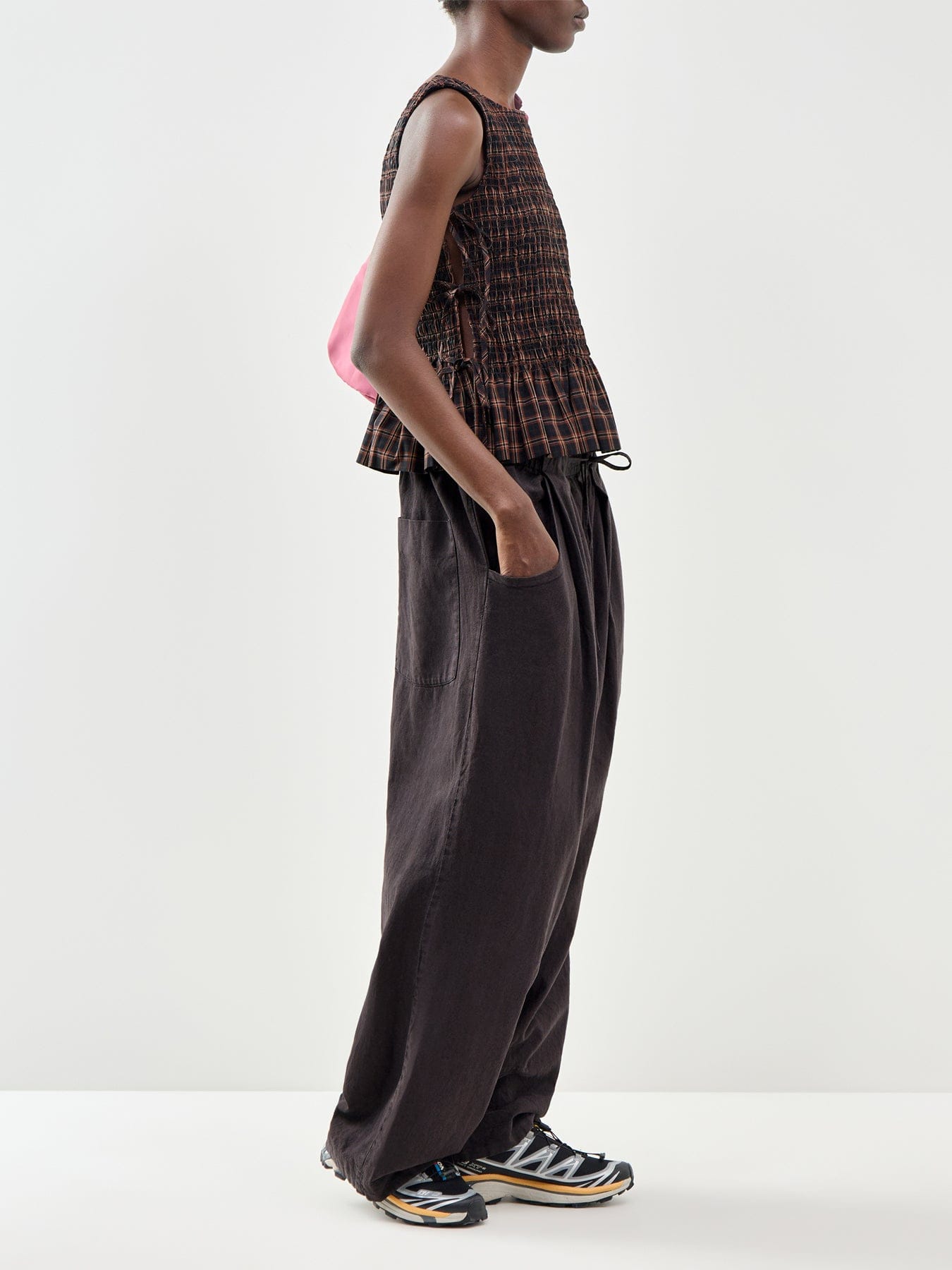 Ganni Check Smocked Tie Tank Top Brown